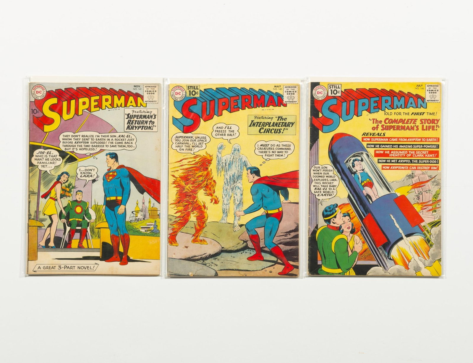3 Golden Age Superman Comics: 3 Golden Age Superman comics. Issues 141, 145, and 146. Early Krypton stories. Average condition VG-. Slight water damage.