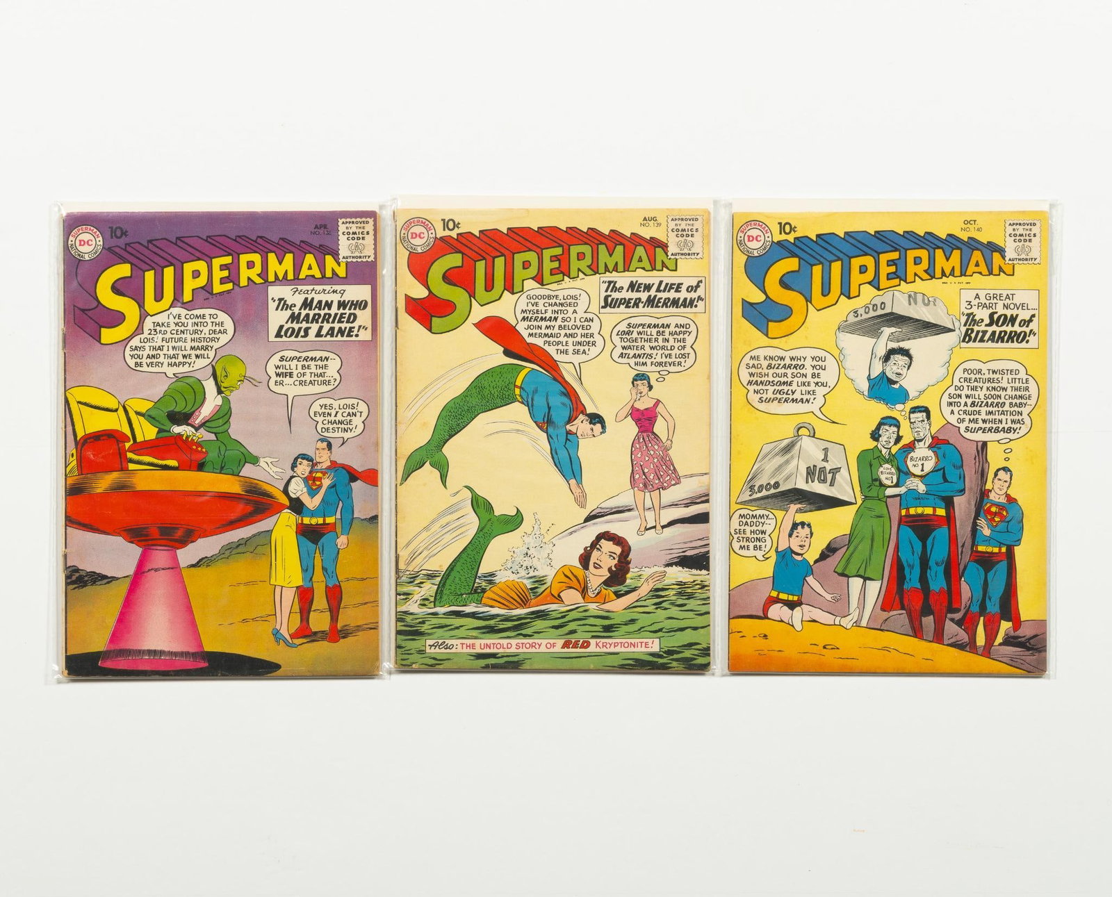3 Golden Age Superman Comics: 3 Golden Age Superman comics. Issues 136, 139, and 140. Early Lori stories. Early Bizarro. Average condition GD+/VG-.