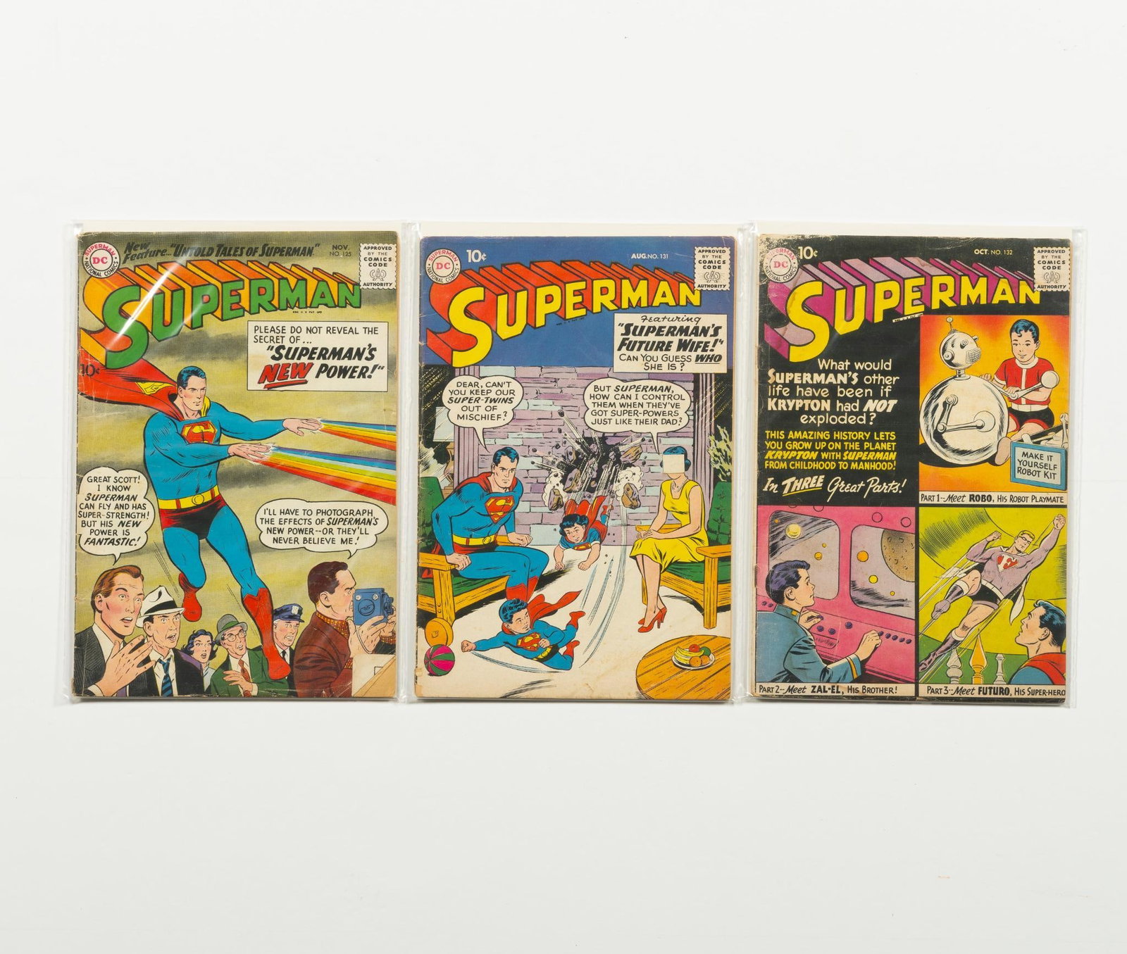 3 Golden Age Superman Comics: 3 Golden Age Superman comics. Issues 125, 131, and 132. Average condition GD.