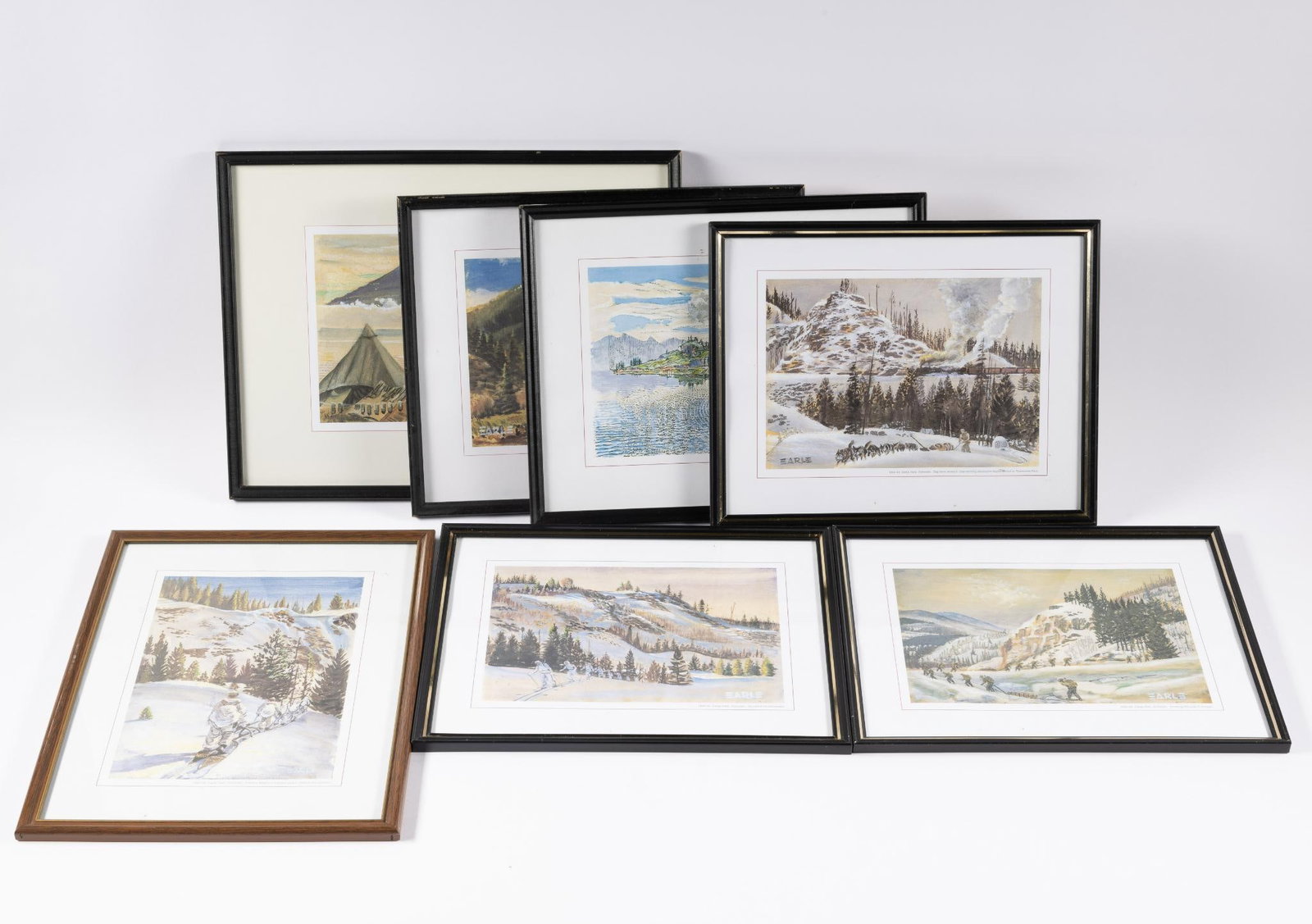 7 Framed Earle Prints: Includes (5) 1942-44 Camp Hale, Colorado, Apr. 1945 Lake Garda Italy, and Aug 1943 Kiska.