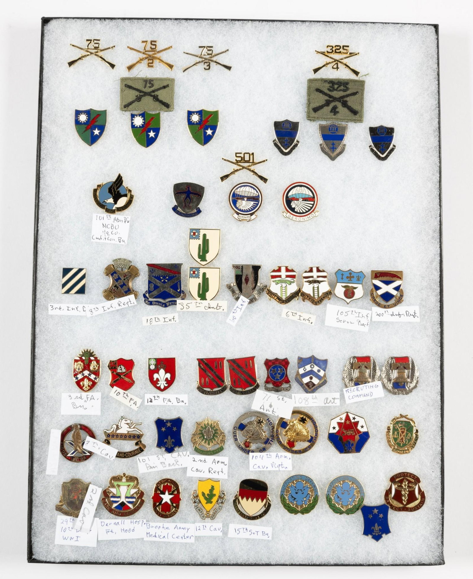 53 Pcs Military Infiantry Insignia: Includes 51 pins and 2 patches. Ricker box included.