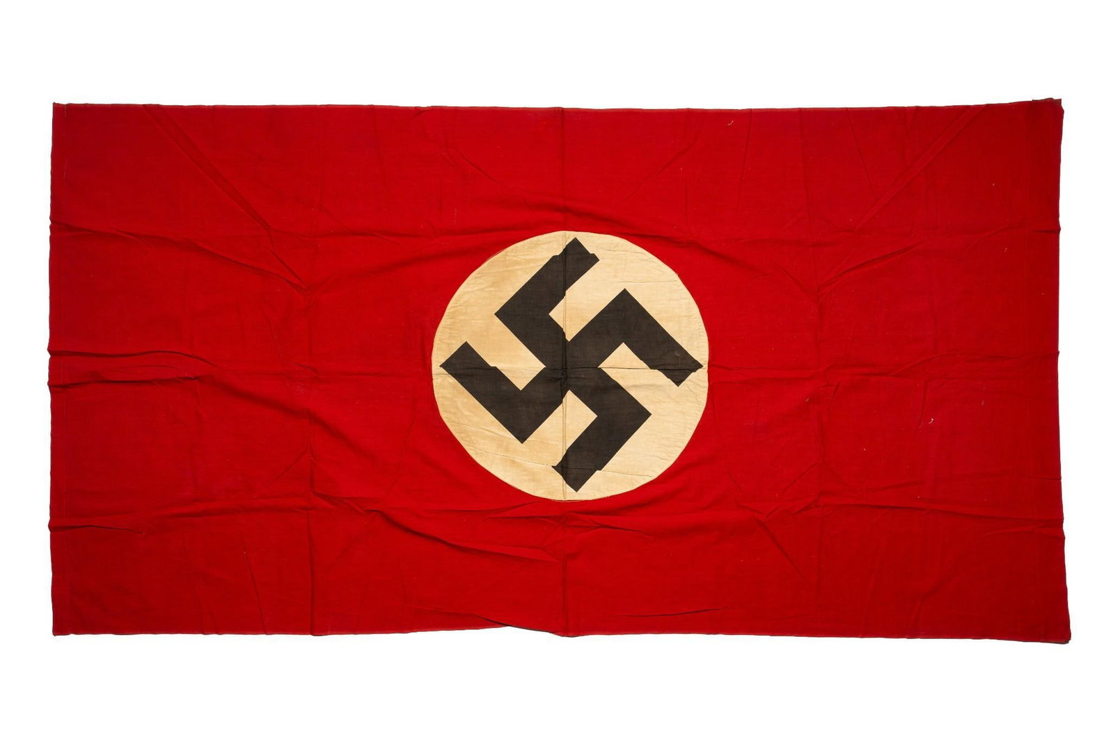 WWII German Banner Flag: Red background with white party insignia patch. 42" wide x 80" long. Some staining from age.