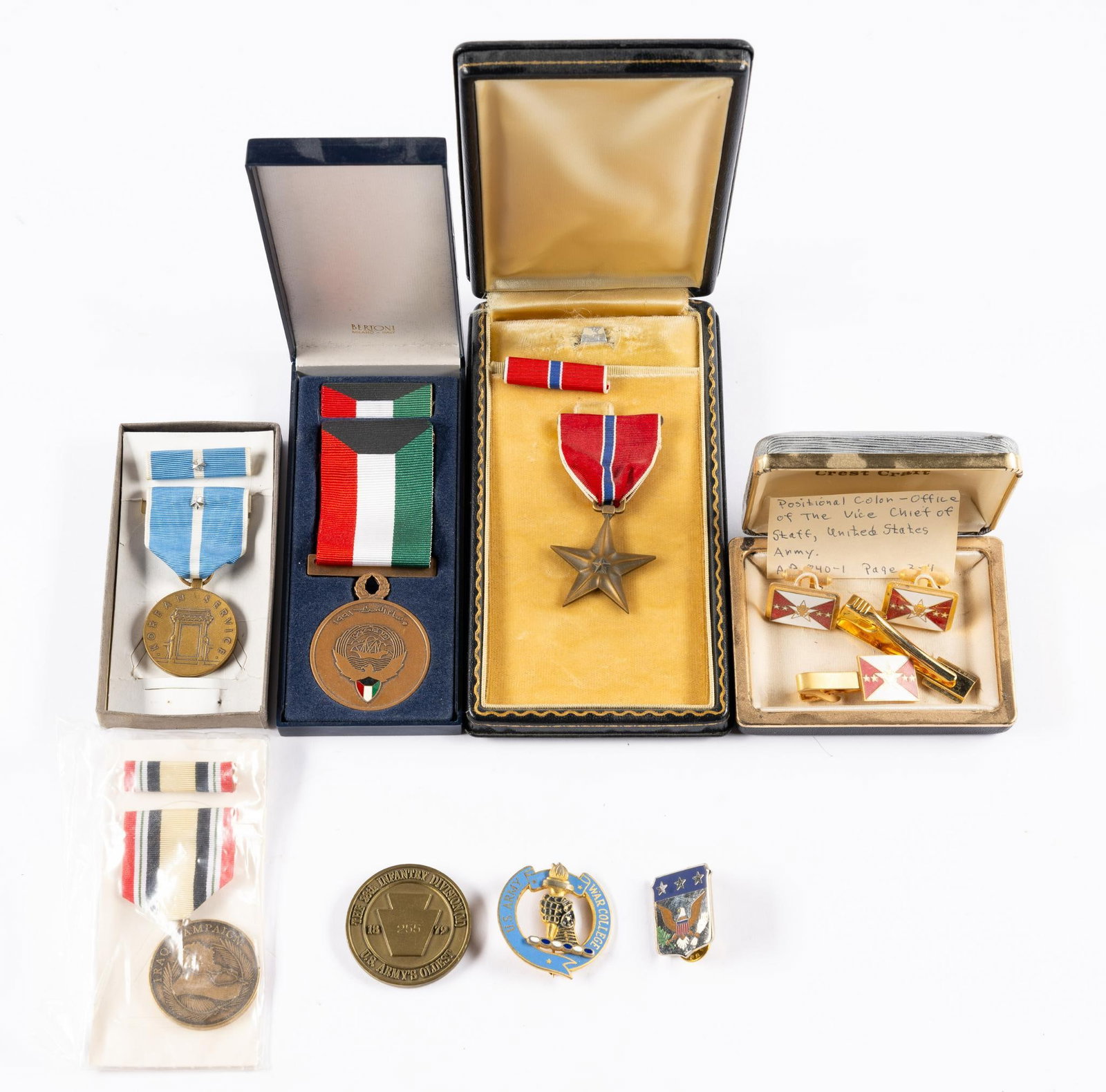 11 Pcs Military Pins & Medals: Includes Korean Service, Bronze Star, Iraq Campaign, and more.