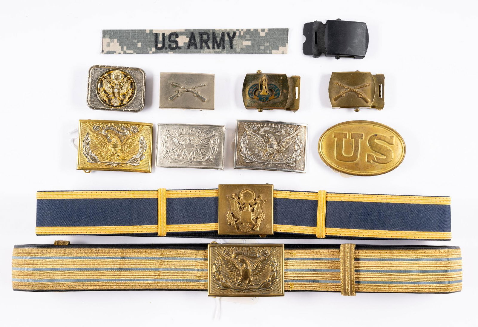 2 Military Belts & 11 Military Belt Buckles: Belt buckles measure 2-3/8" to 3-1/2" wide x 1-3/4" to 2-1/4" long.