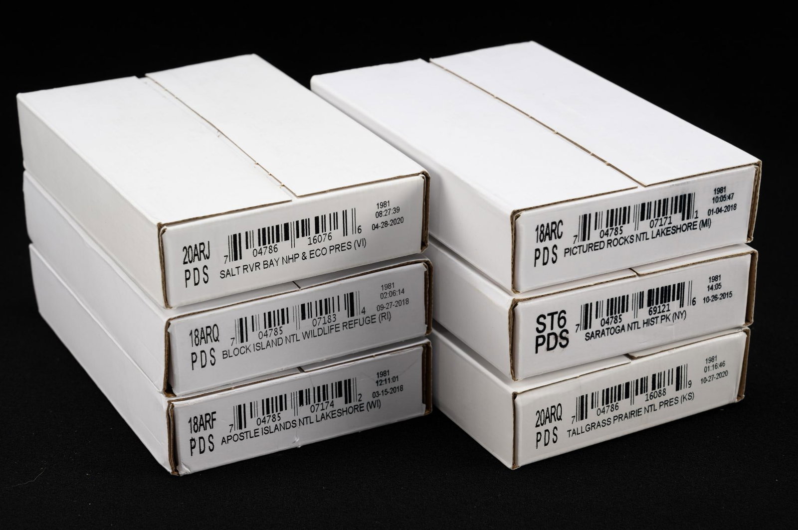 Six Sealed Mint Boxes America The Beautiful Quarter Rolls: 2018 Pictured Rocks National Lakeshore PDS, 2015 Saratoga National Historical Park PDS, 2020 Tall Grass Prairie PDS, 2020 Salt River Bay National Historical Park PDS, 2018 Block Island National Wildli