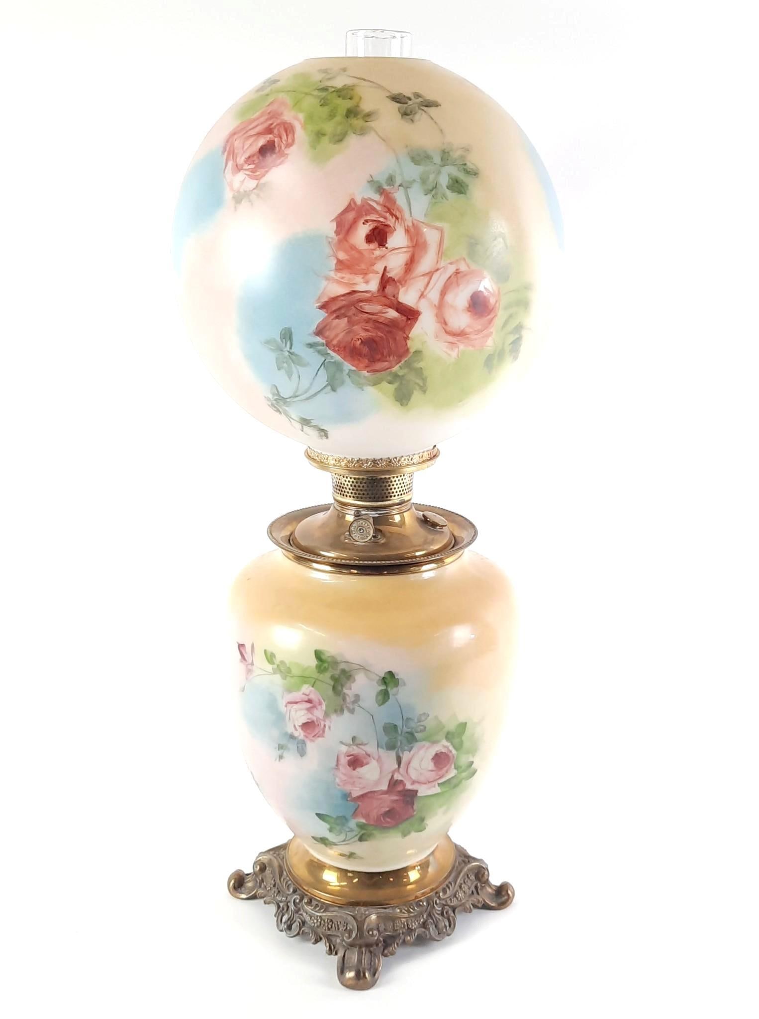 Floral Gone with the Wind Lamp: NOT ELIGIBLE FOR IN-HOUSE SHIPPING. Not electrified. 11-1/2" diameter x 28-1/2" high.