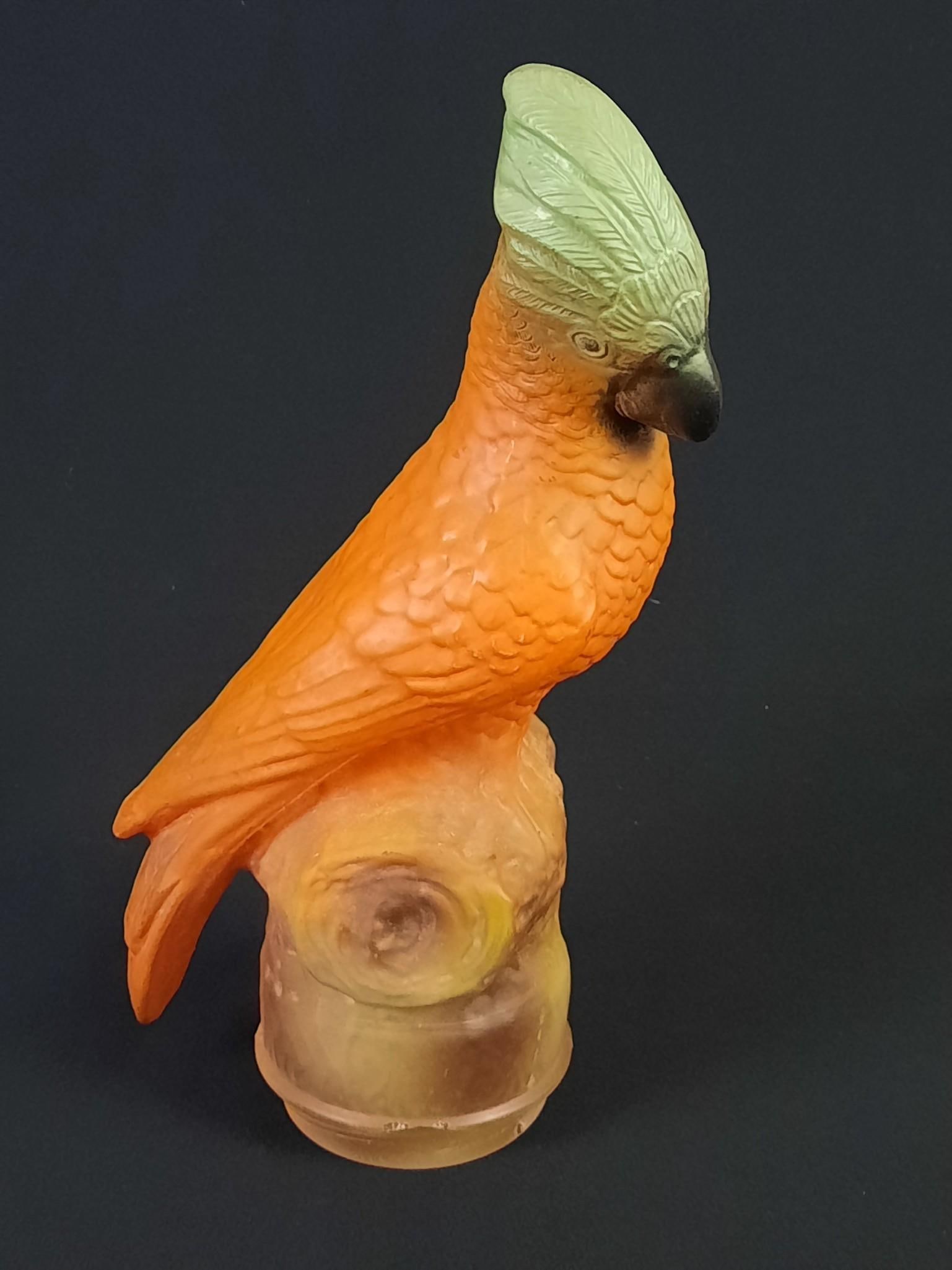 Cockatoo Glass Lamp Shade: 6-3/4" wide x 4-1/4" deep x 12" high. Minor loss to top feathers on head and around mounting rim.