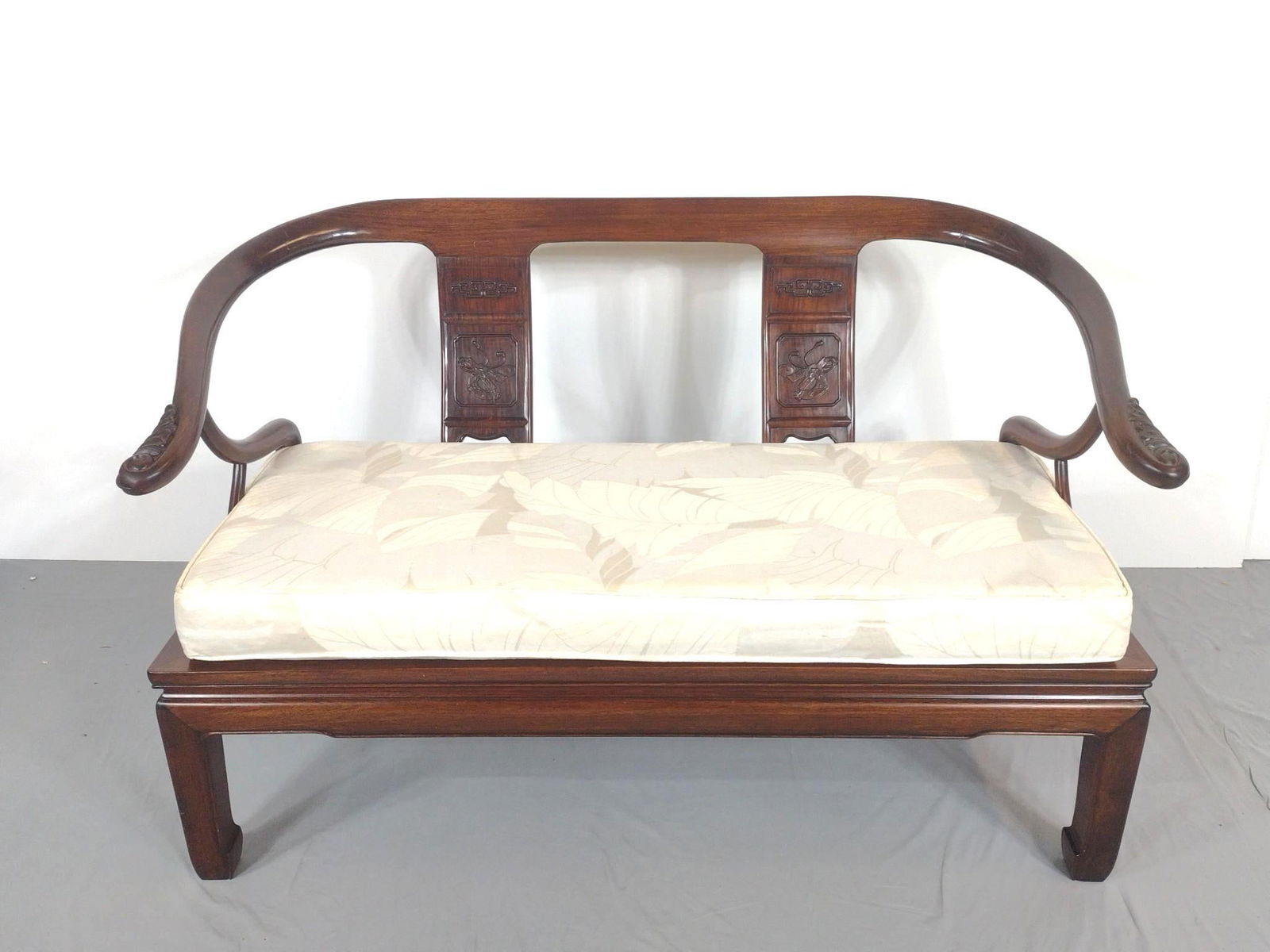 Carved Rosewood Settee: NOT ELIGIBLE FOR IN-HOUSE SHIPPING. 49" wide X 23" deep X 29-1/2" high. Has a few light scratches.