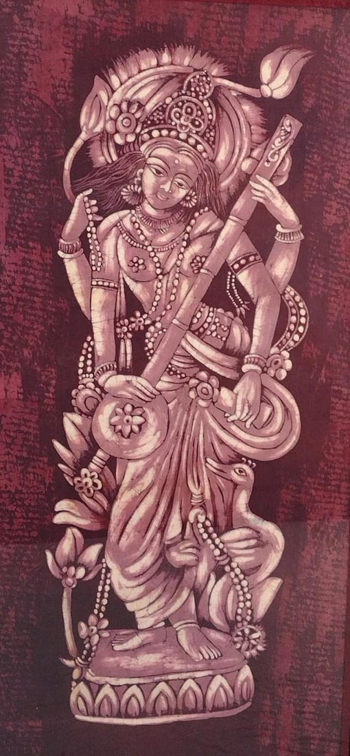 Maa Saraswati Print on Fabric: NOT ELIGIBLE FOR IN-HOUSE SHIPPING. Sight: 62" high x 29" wide. Overall with frame: 64-3/4" high x 32-1/2" wide.