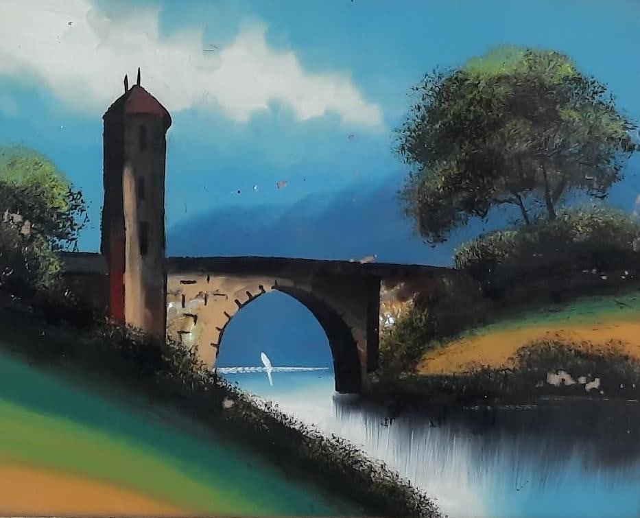 Reverse Painted Glass Bridge Scene (1 of 5)