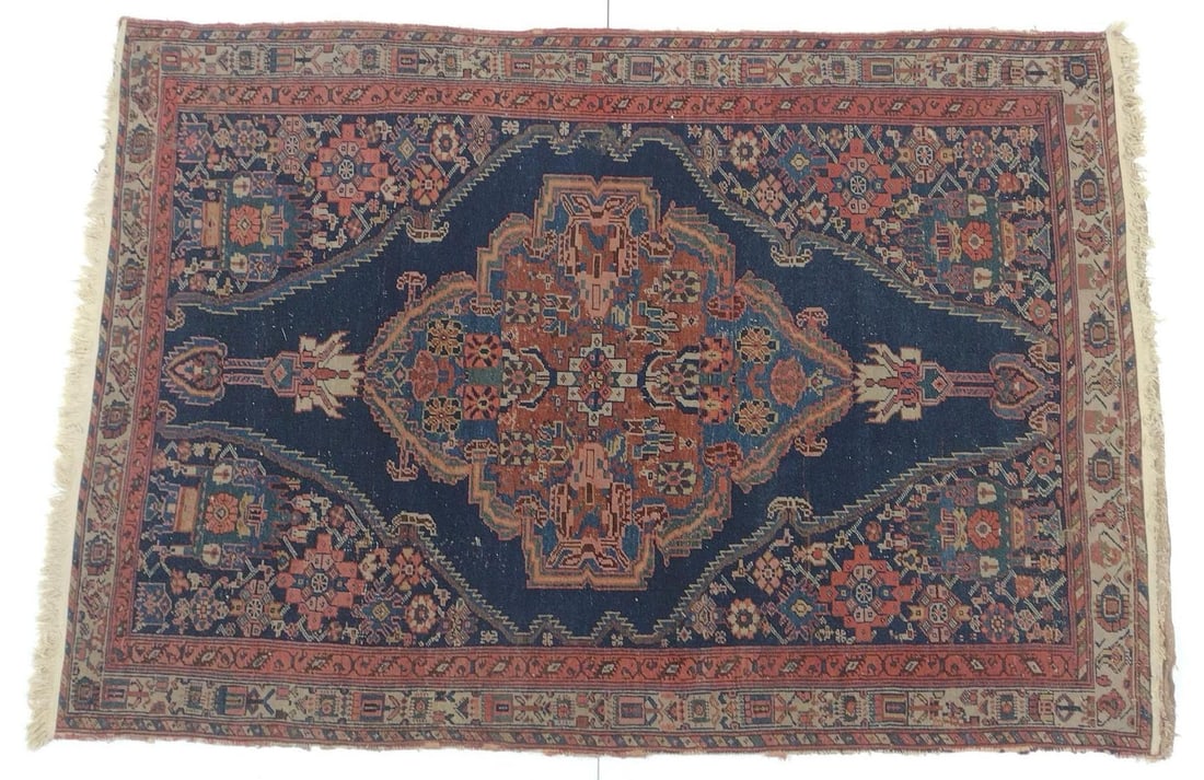 Persian Area Rug with Center Medallion: NOT ELIGIBLE FOR IN-HOUSE SHIPPING. 4'3" wide X 6'3" long. Has some losses around outside edge.