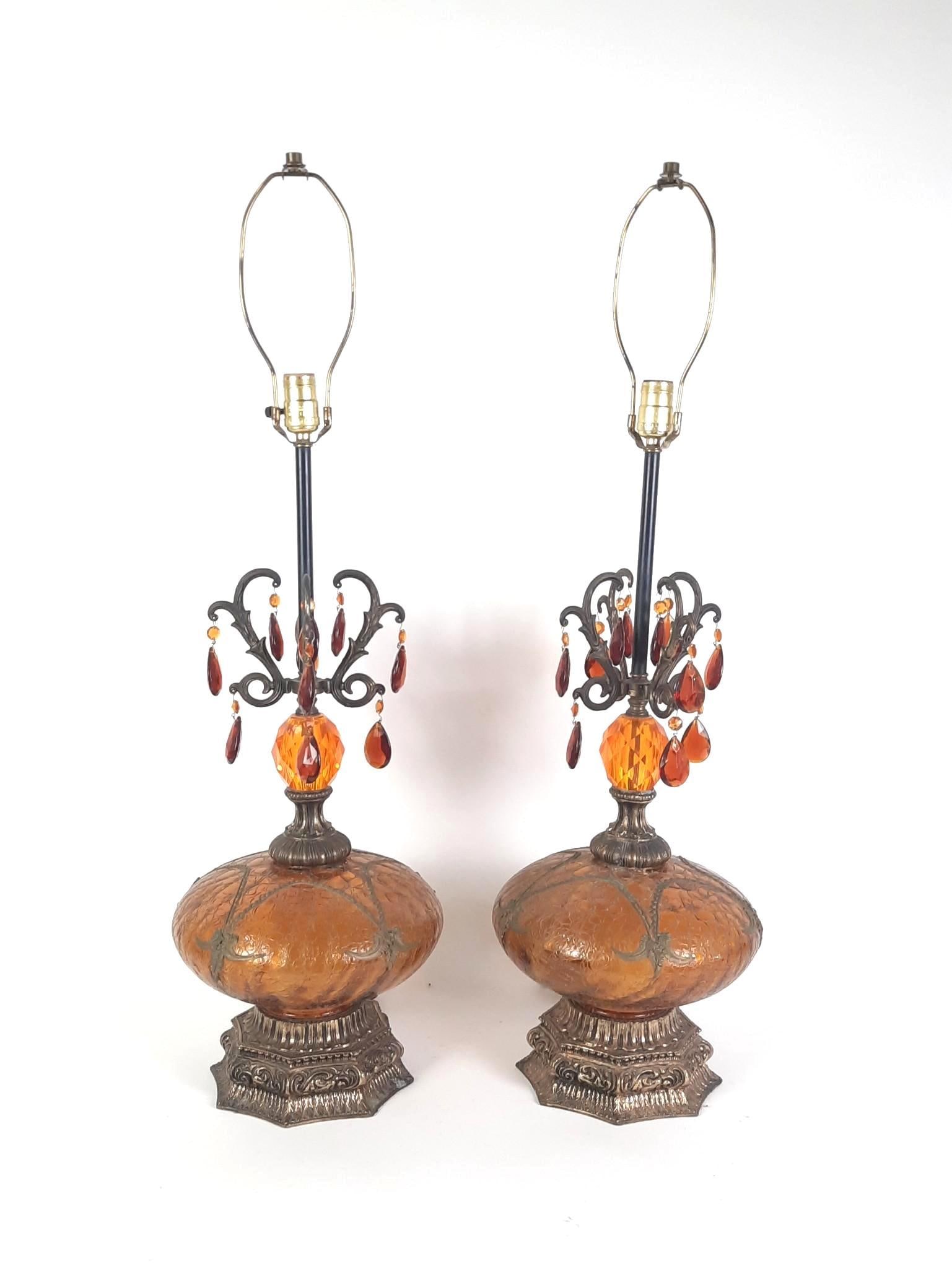 Pair of Brass & Amber Glass Lamps: NOT ELIGIBLE FOR IN-HOUSE SHIPPING. Working. 37" high x 11" wide.