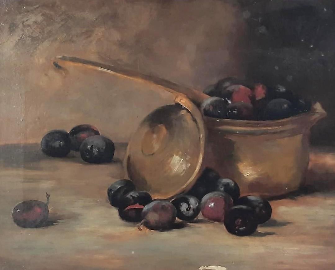 Antique Still Life Painting: NOT ELIGIBLE FOR IN-HOUSE SHIPPING. Unsigned. Sight: 15-3/4" high x 19-1/2" wide. Overall with frame: 20-1/2" high x 24" wide. Some paint and frame losses.