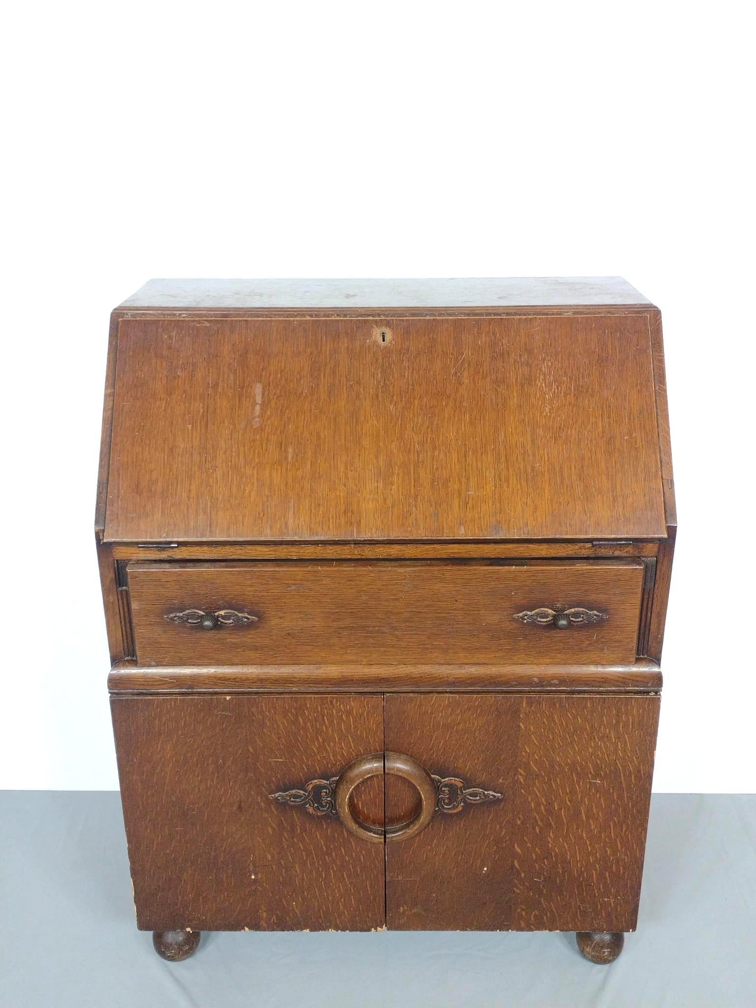 HL Lebus Furniture Slant Front Desk: NOT ELIGIBLE FOR IN-HOUSE SHIPPING. 30" wide X 17" deep X 39-3/4" high. Has finish loss and chipping.