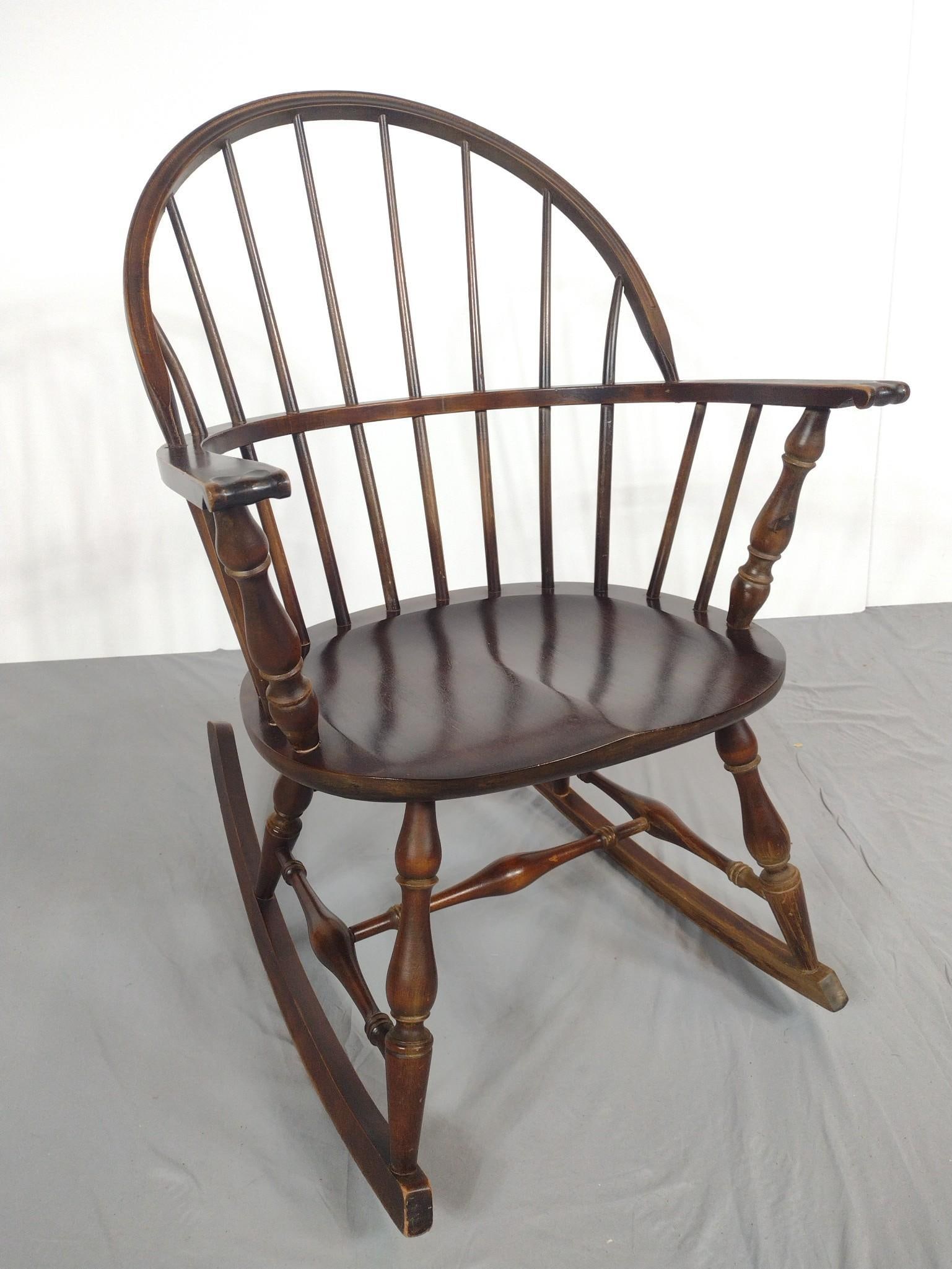 Rocking Chair: NOT ELIGIBLE FOR IN-HOUSE SHIPPING. 24" wide X 30-1/2" deep X 35" high. Has some areas of finish loss.
