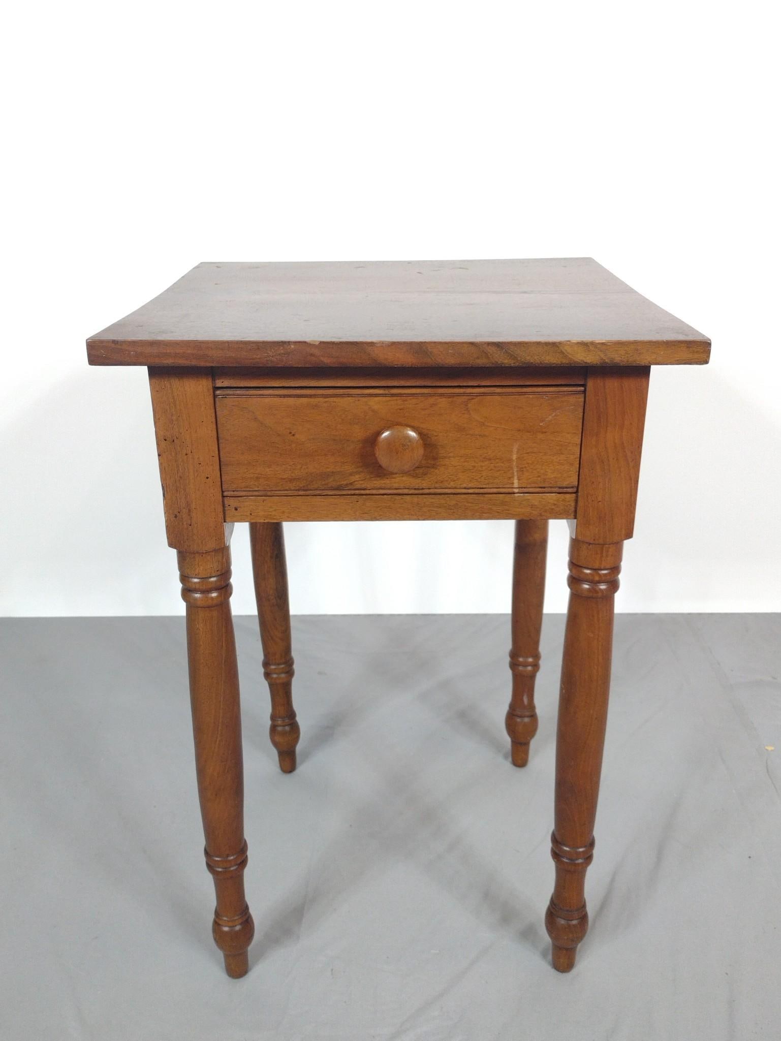 Single Drawer Work Table: NOT ELIGIBLE FOR IN-HOUSE SHIPPING. 19-3/4" wide X 19-1/4" deep X 29" high. Has scratches and areas of finish loss.