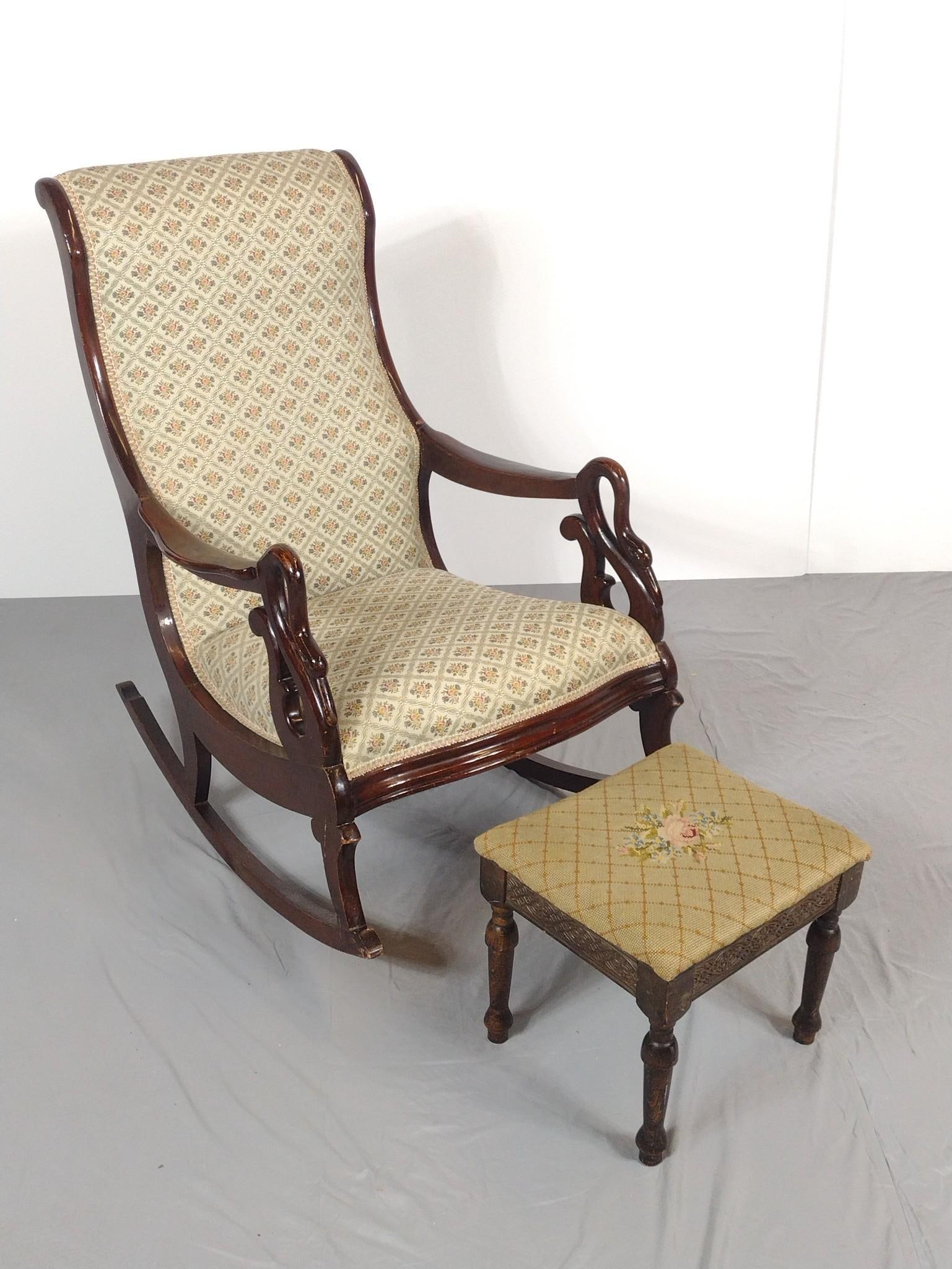 Rocking Chair with Foot Stool: NOT ELIGIBLE FOR IN-HOUSE SHIPPING. Rocking chair 24-1/2" wide X 35" deep X 37" high. Foot stool 14-1/2" wide X 12-1/2" deep X 12-1/2" high. Both have some finish loss.