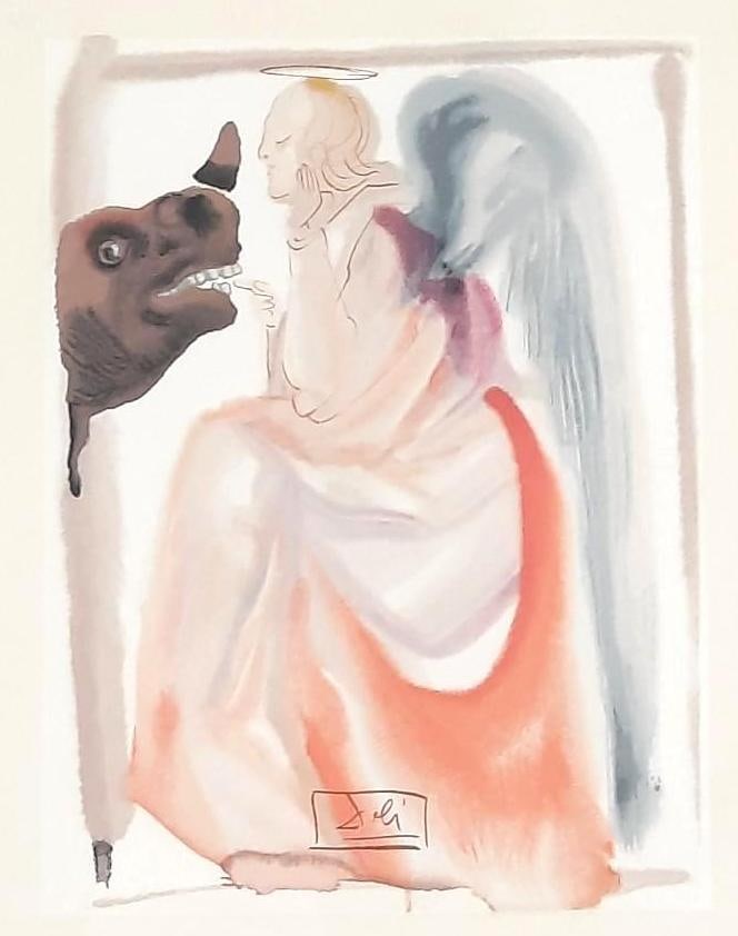 Salvador Dali Heaven Canto 6 Woodblock: Sight: 11" high x 8-1/2" wide. Overall with frame: 18-1/2" high x 15-1/2" wide.
