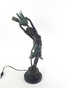 After Claire Colinet “Swaying Dancer" Lamp: Bronze on marble base. Missing shade. 21" x 11" x 6" base. Not working.