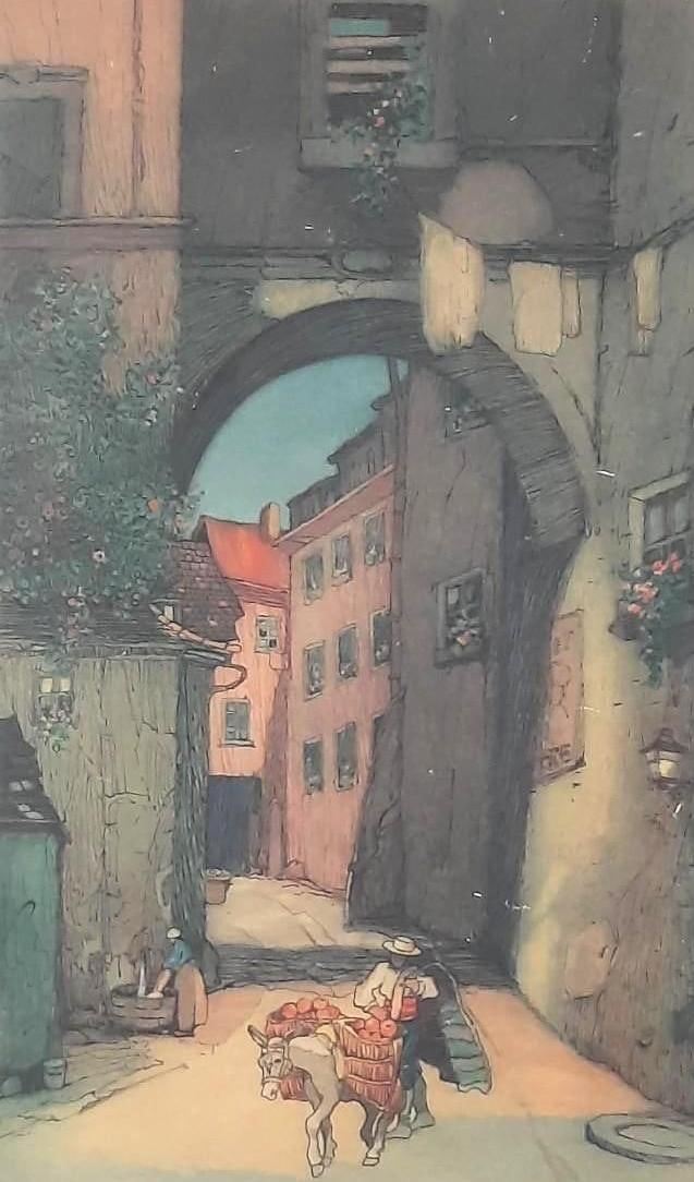 F. Philip Legori "A Thoroughfare at Oristano in Saradinia" Etching: NOT ELIGIBLE FOR IN-HOUSE SHIPPING. Sight: 15" high x 9" wide. Overall with frame: 23-1/4" high x 15-1/4" wide.