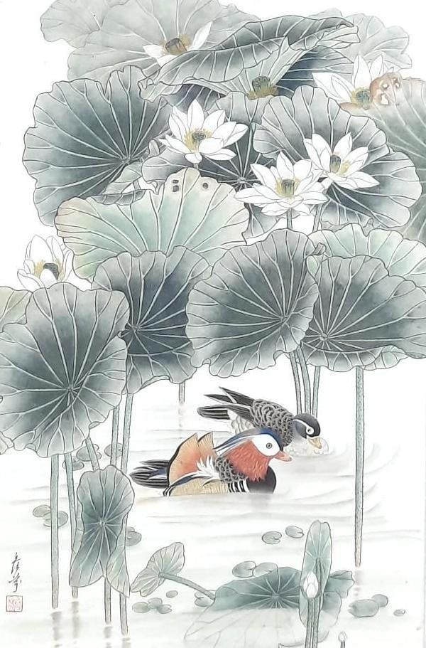 Chinese Mandarin Ducks Watercolor on Rice Paper: NOT ELIGIBLE FOR IN-HOUSE SHIPPING. Sight: 17-3/4" high x 11-1/2" wide. Overall with frame: 27-1/4" high x 20-1/4" wide. Minor losses to frame.