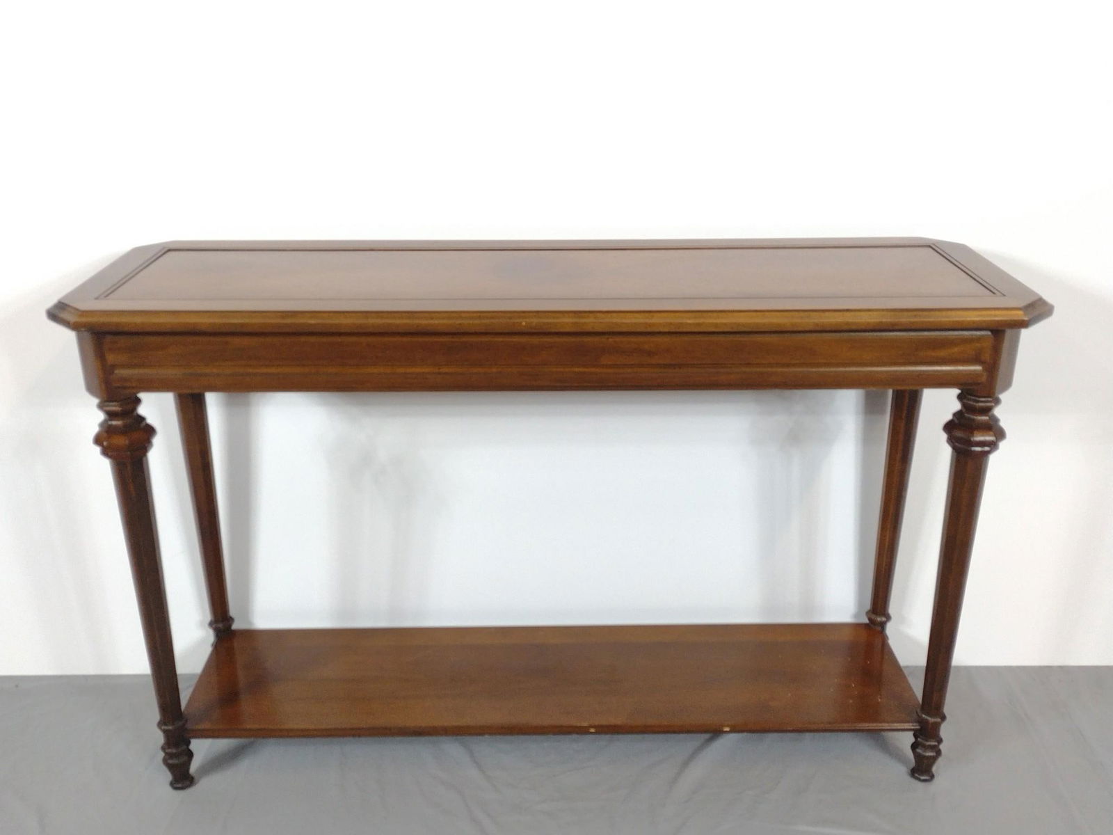 Sofa Table: NOT ELIGIBLE FOR IN-HOUSE SHIPPING. 48" wide X 15" deep X 29" high. Has some scratches and areas of finish loss.