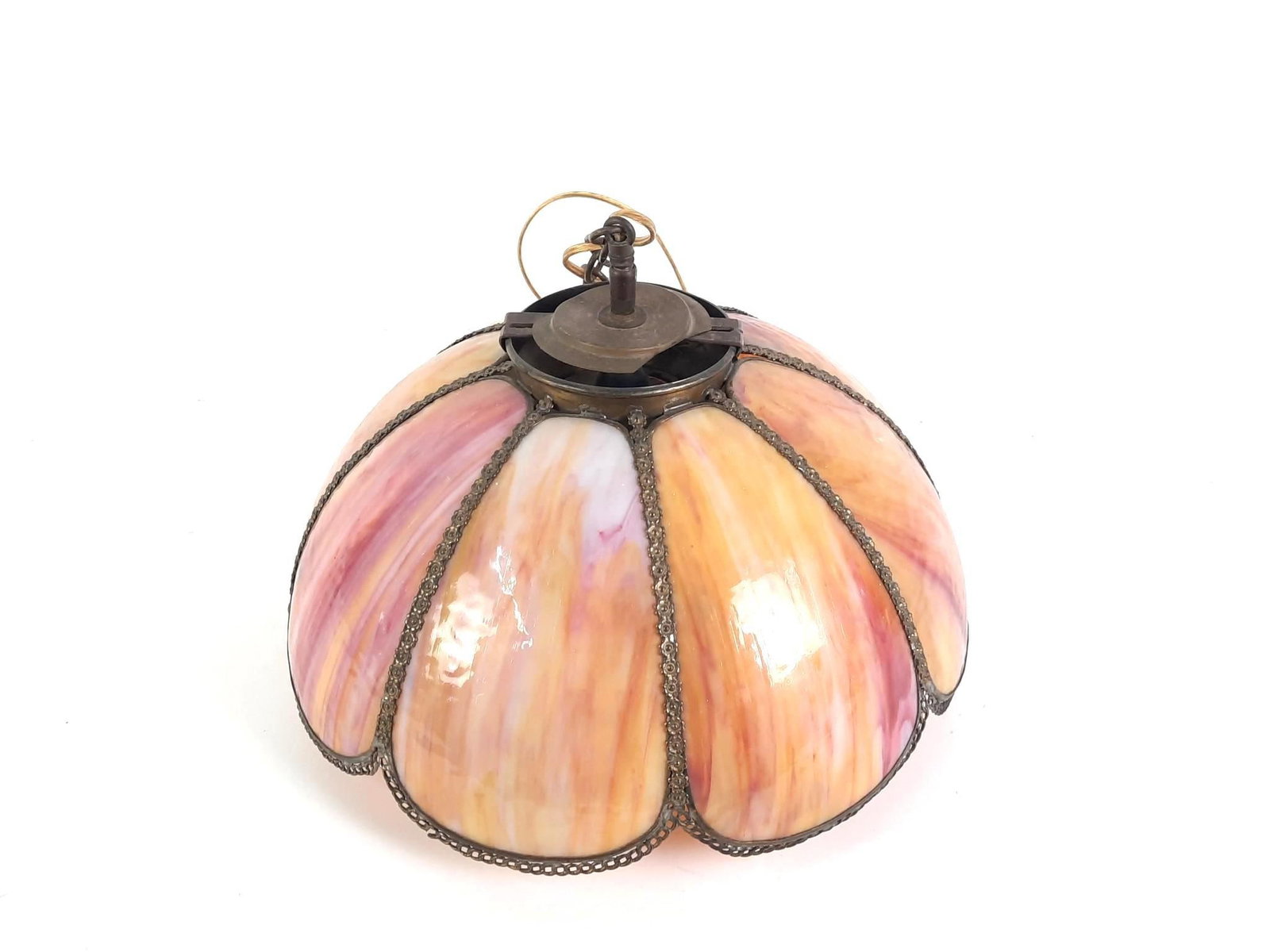 Antique Slag Glass Hanging Light: 10-1/2" high x 16" wide. Slight bends to frame.
