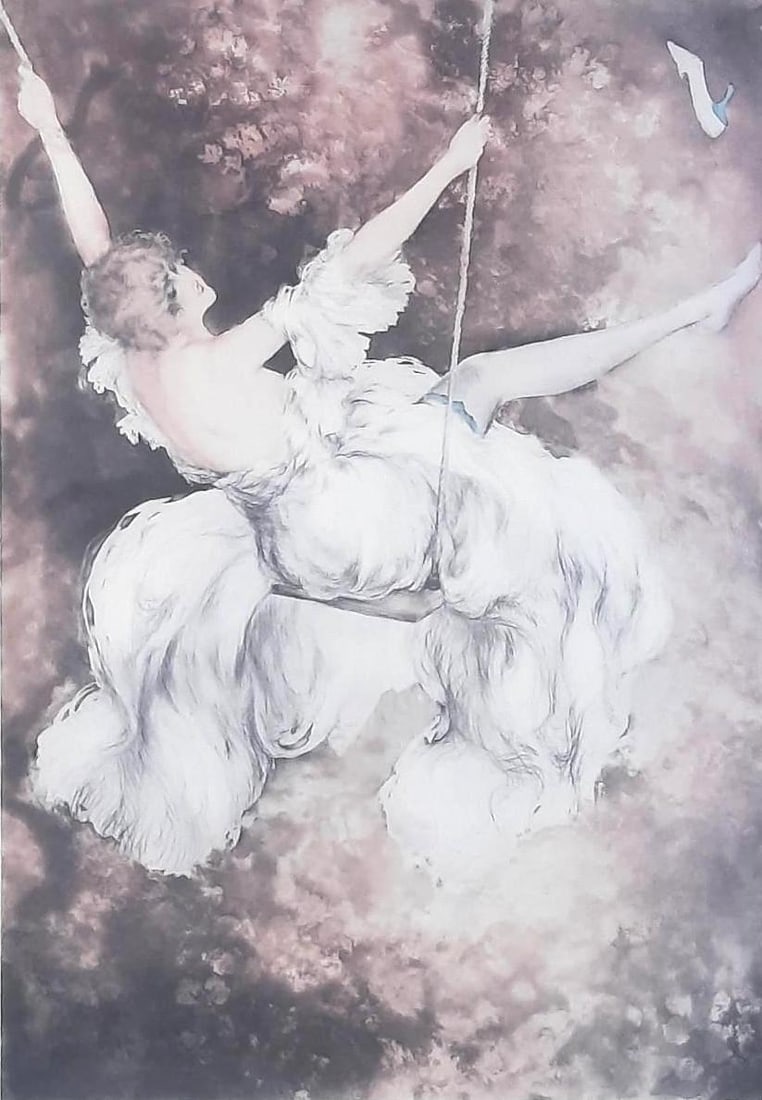 Icart Woman on Swing Print: NOT ELIGIBLE FOR IN-HOUSE SHIPPING. Louis Justin Laurent Icart (1888 - 1950) was active/lived in New York / France. Louis Icart is known for Sensuous female figure drawing and painting, fashion design