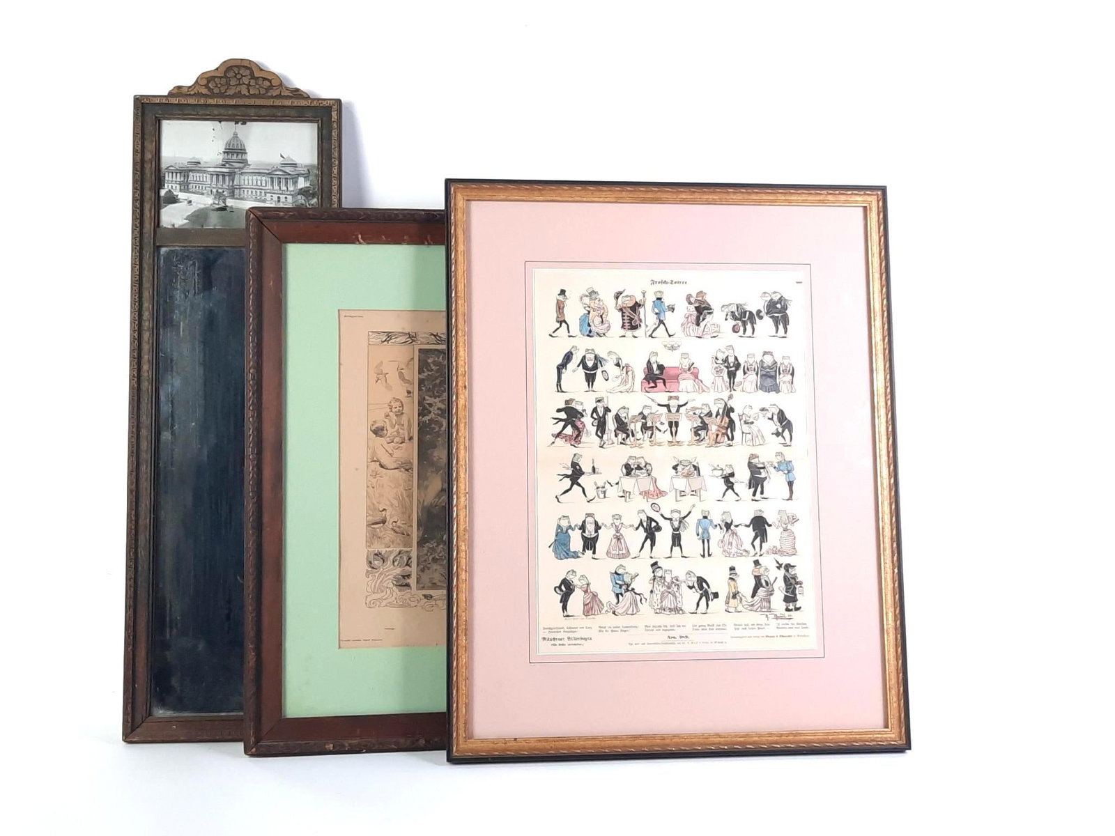 3 Pcs Artwork: NOT ELIGIBLE FOR IN-HOUSE SHIPPING. Mirror with photo of US Capitol, wear to frame and damage to photo, 29" x 8-3/4". Frosch Soirée print with creases, overall with frame 24" x 19". Fruhling Spring p