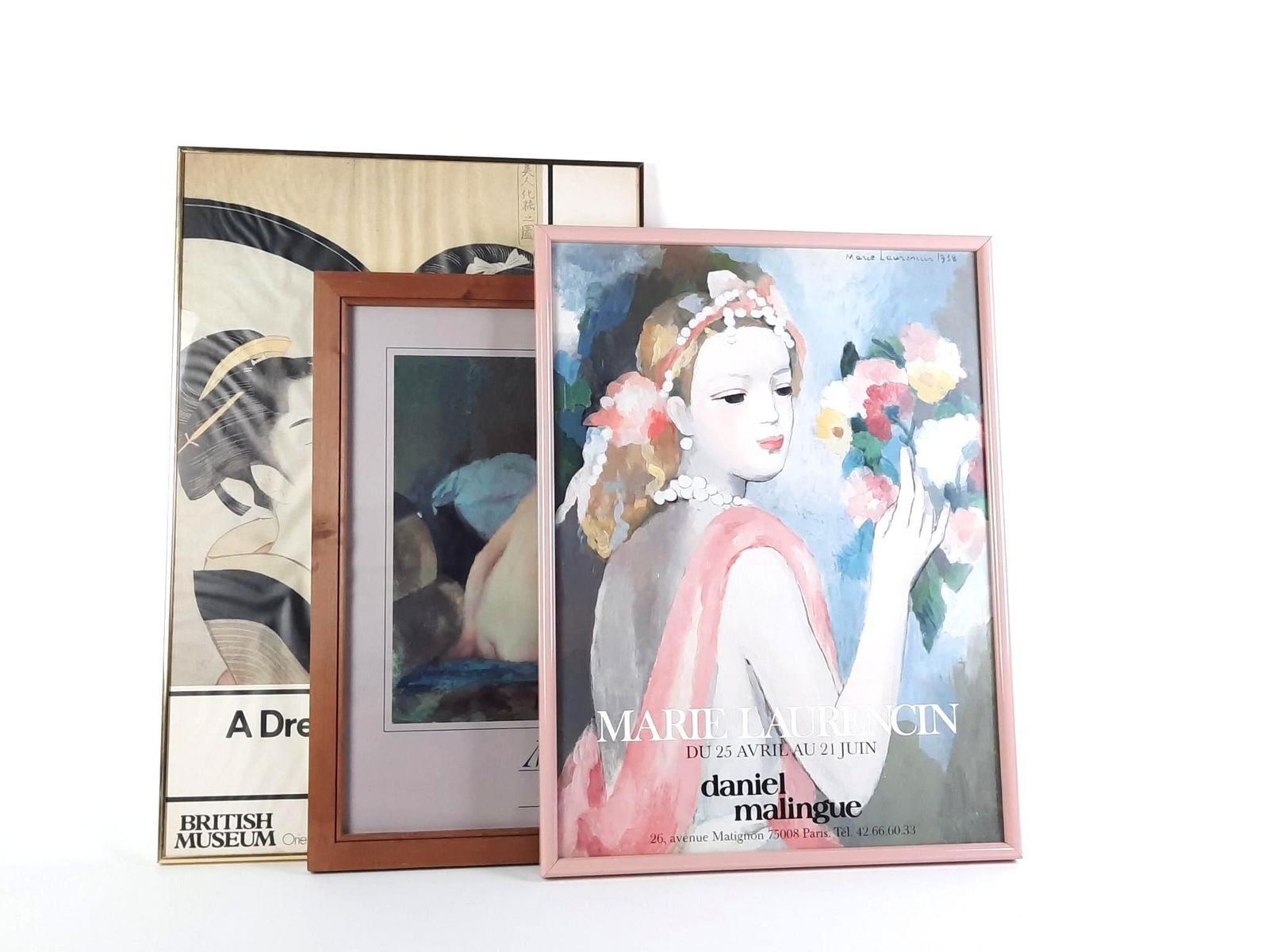 3 Museum Exhibition Posters: NOT ELIGIBLE FOR IN-HOUSE SHIPPING. Includes William McGregor Paxton nude (Museum of Fine Arts Boston), Marie Laurencin (Paris), and A Dream of Fair Women (British Museum) with water damage to bottom