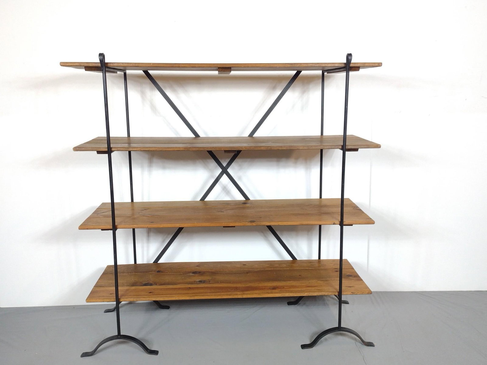 Cast Iron & Wood Shelf: NOT ELIGIBLE FOR IN-HOUSE SHIPPING. 60" wide X 19-1/2" deep X 61-1/4" high. Shelves have some scratches.