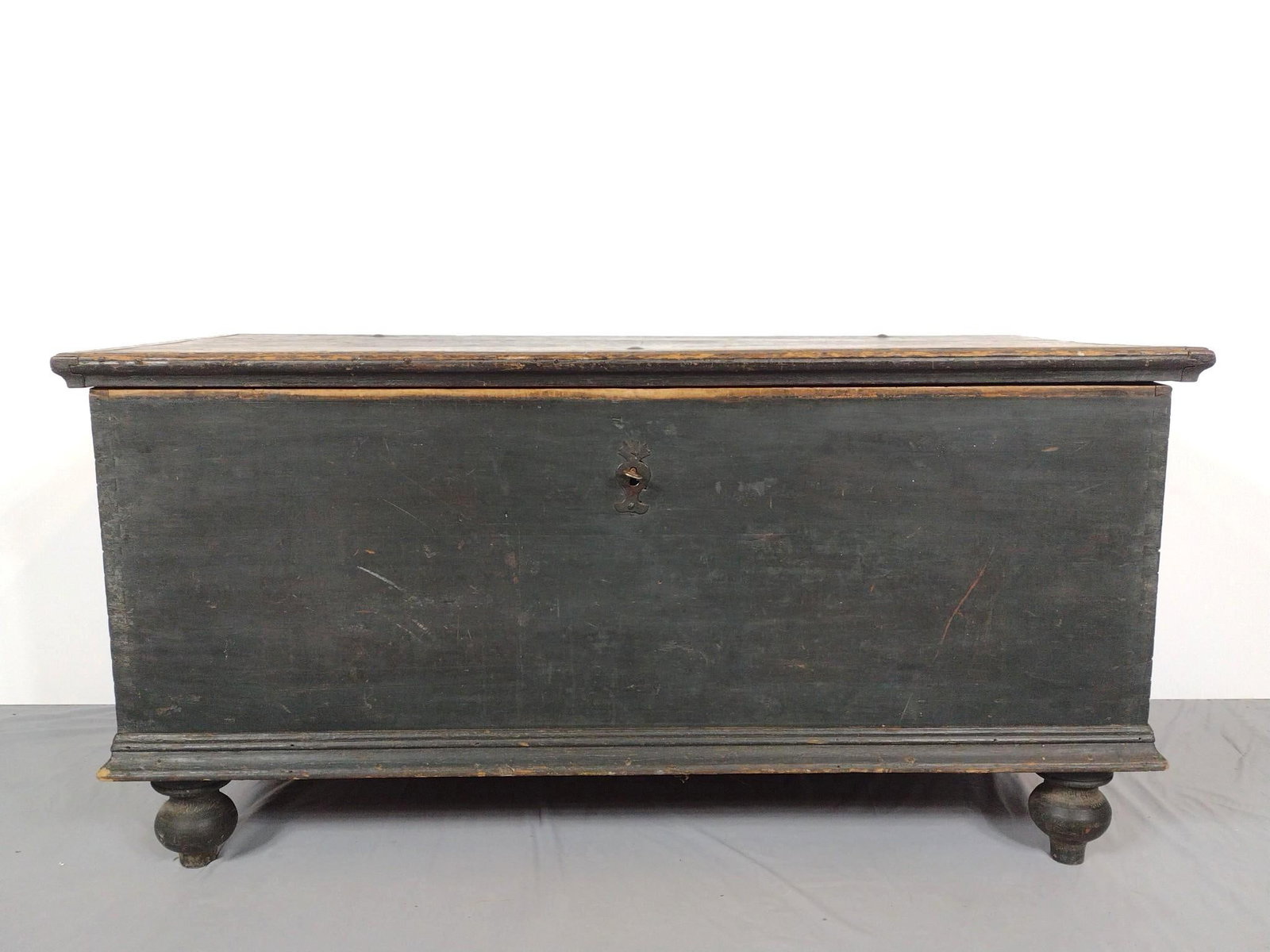 Painted Blanket Chest: NOT ELIGIBLE FOR IN-HOUSE SHIPPING. 51-3/4" wide X 23" deep X 26" high. Has scratches and paint loss.
