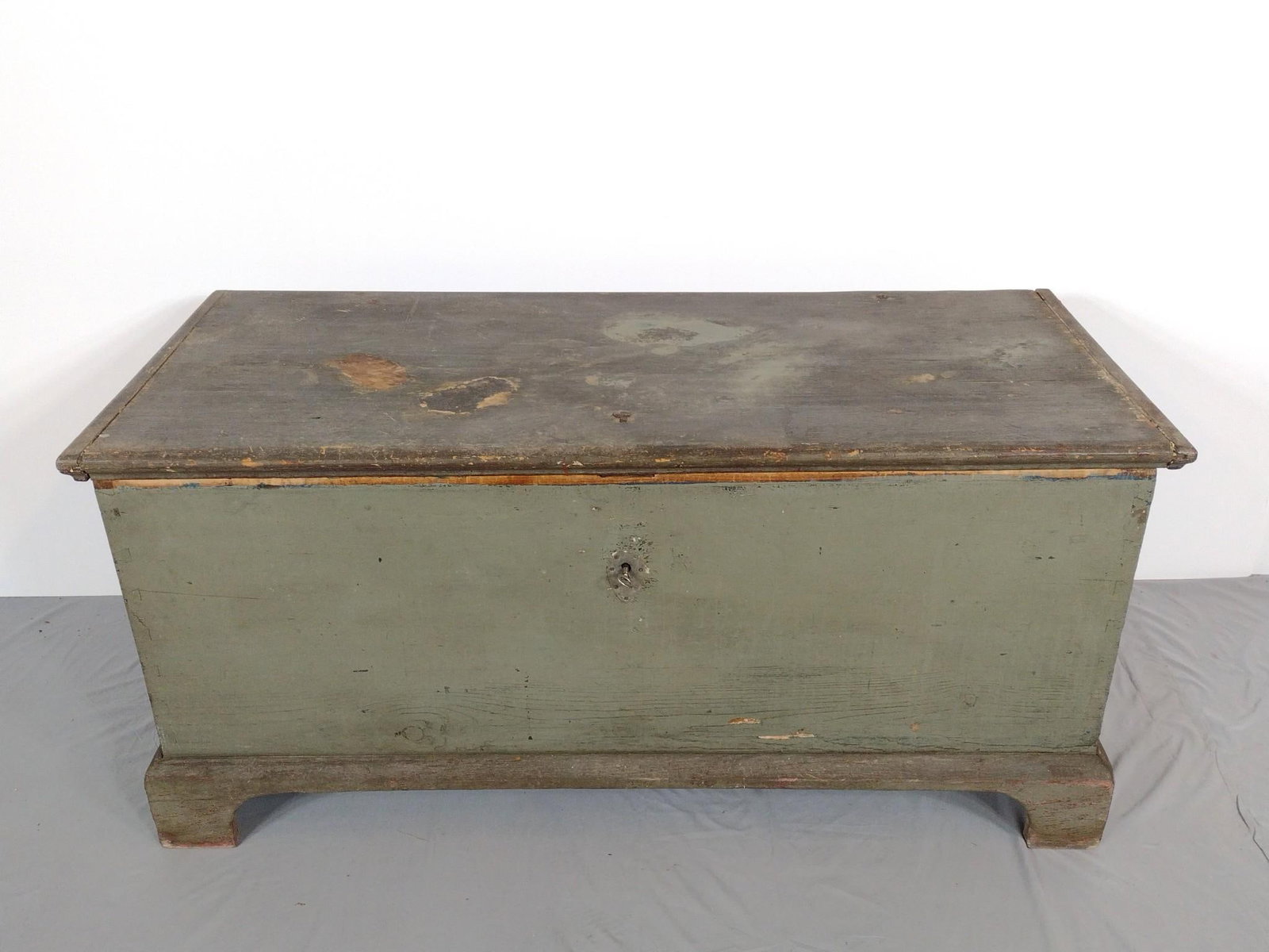 Painted Blanket Chest: NOT ELIGIBLE FOR IN-HOUSE SHIPPING. 51" wide X 22" deep X 23-1/2" high. Has some paint loss and scratches.