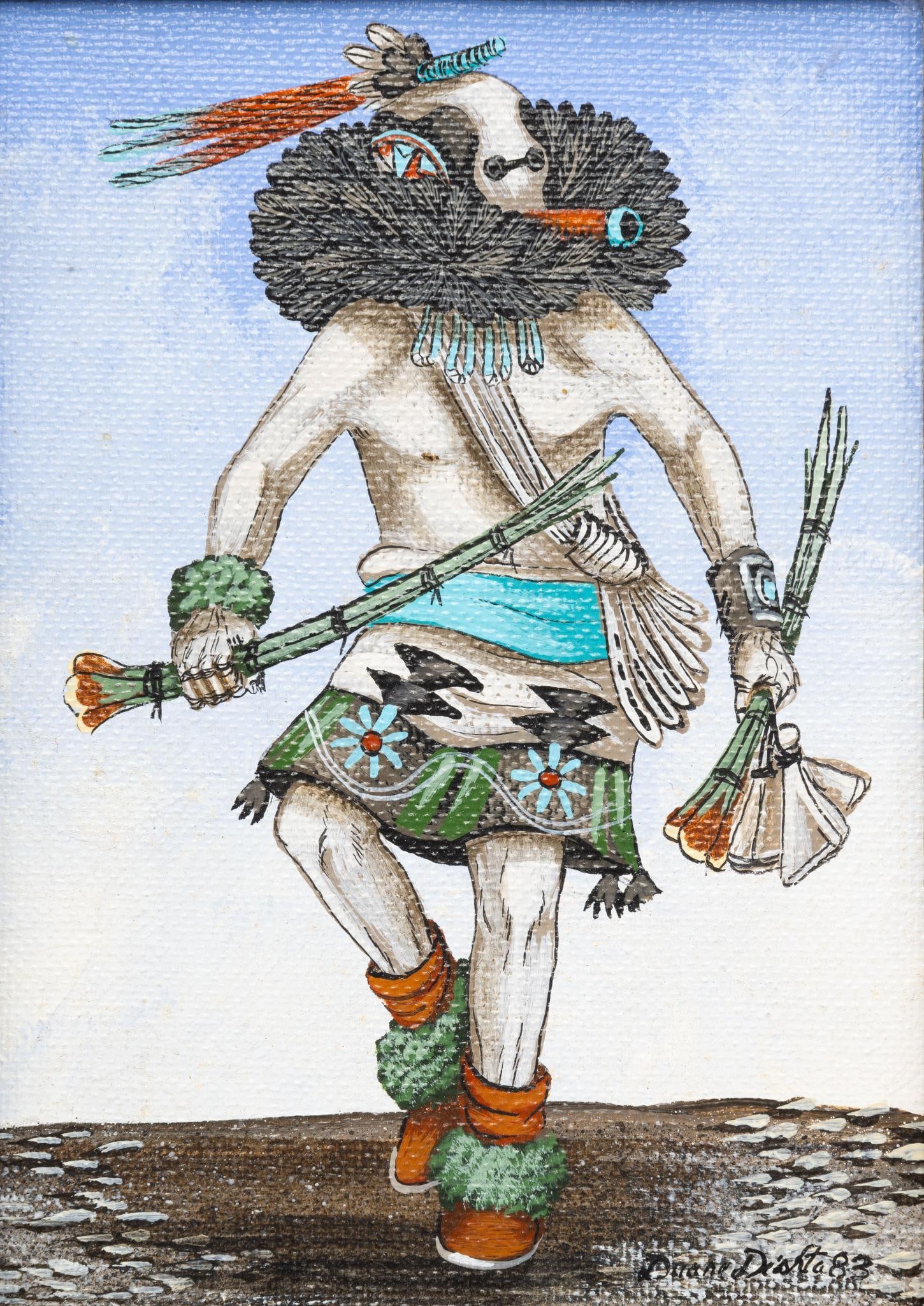 Duane Dishta (1946 -) Painting of Zuni Katsina or Kachina Figure Dated 1983: NOT ELIGIBLE FOR IN-HOUSE SHIPPING. Duane Dishta (1946 -) was born in in Zuni, New Mexico. He is a self-taught artist. Measurements: 5" x 7" with overall 11"x13". Condition: Excellent.