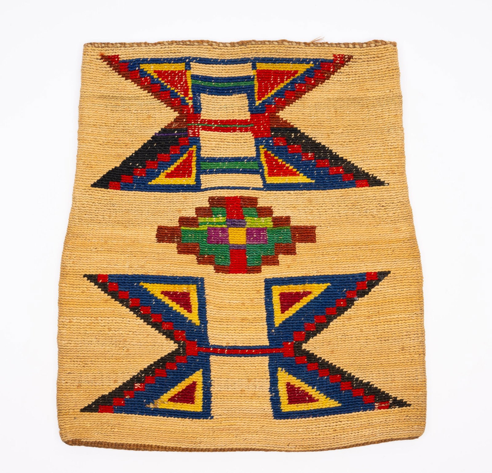 Nez Perce Corn Husk Bag: A superb Plateau (probably Nez Perce) double sided decorated corn husk bag probably late 19th or early 20th centuries. Unlike many of these bags that had fading to one side, this example must have bee