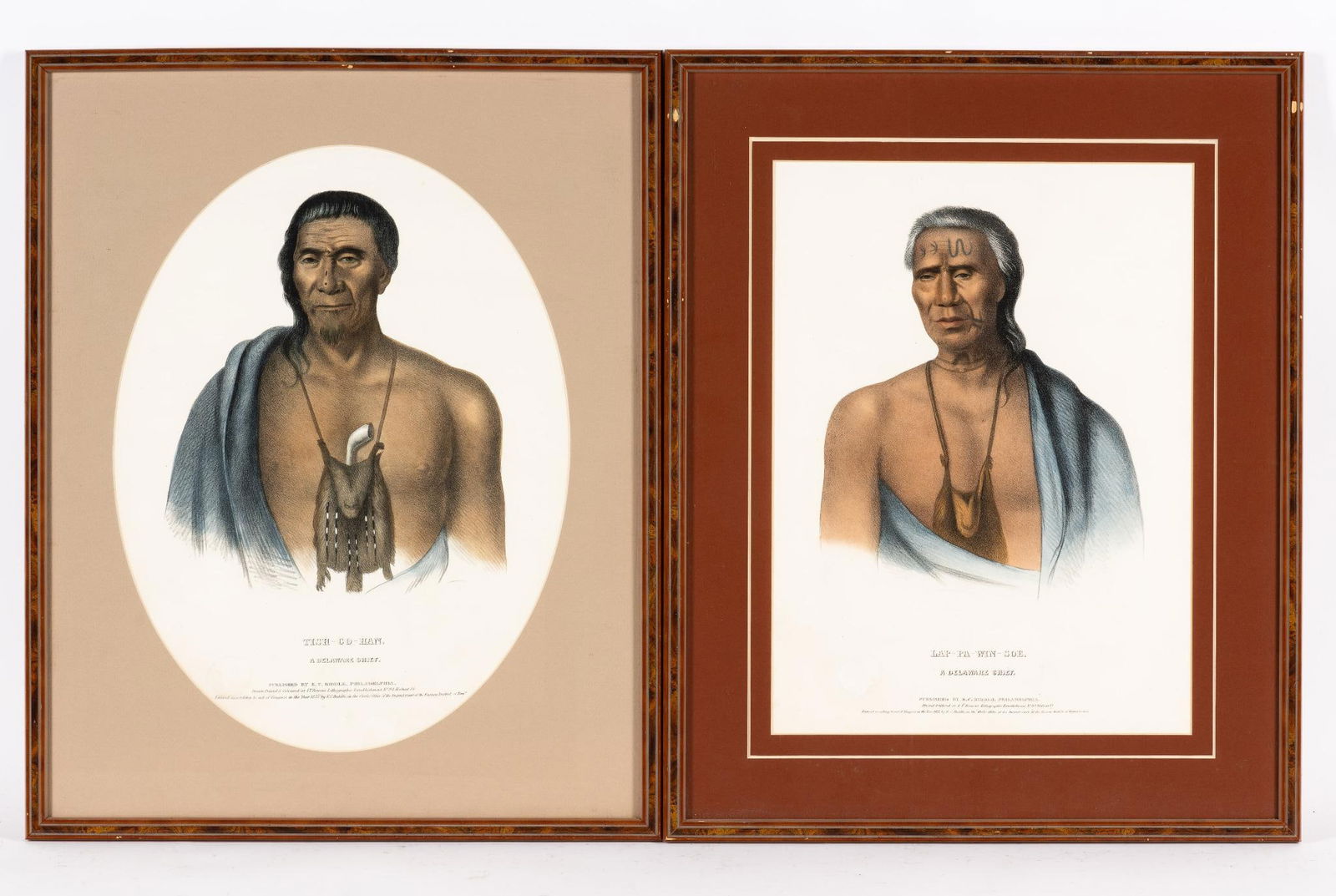 2 19th Century Colored Lithographs: NOT ELIGIBLE FOR IN-HOUSE SHIPPING "Tish-Co-Han, A Delaware Chief." Published by E.C. Biddle, Philadelphia. Circa 1837. Lithograph. "Lap-Pa-Win-Soe, A Delaware Chief." Published by E.C. Biddle, Philad