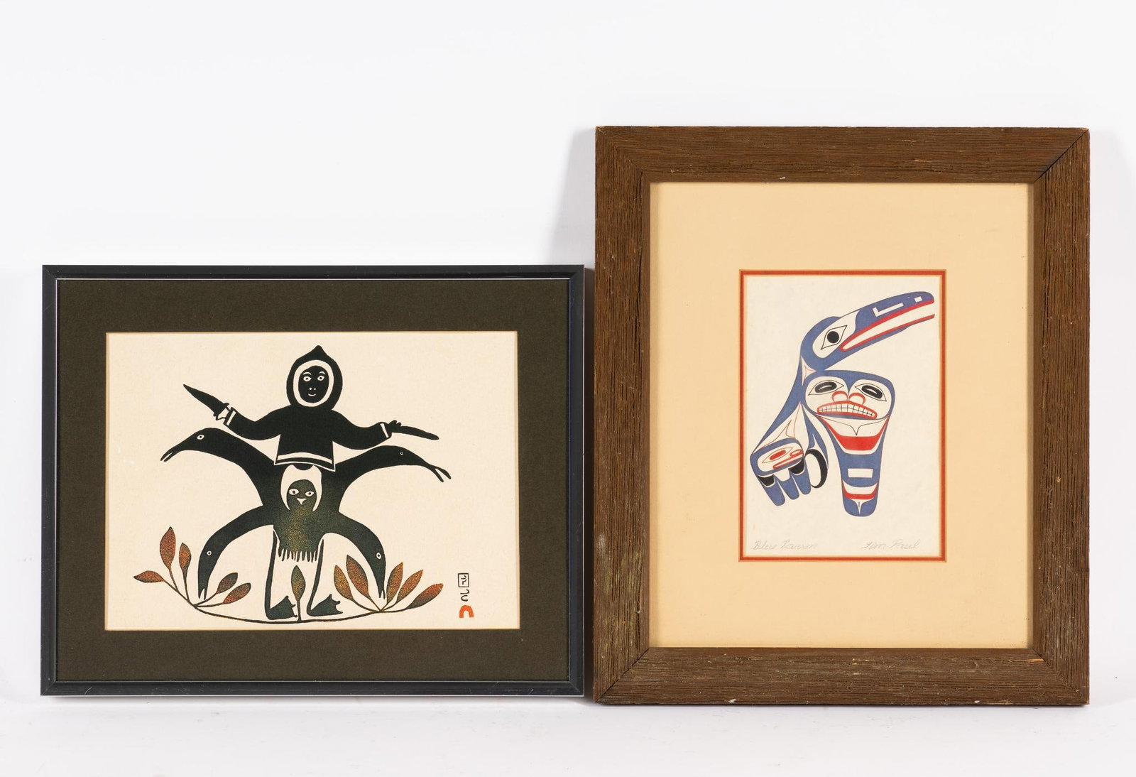 Pacific Northwest & Inuit Prints: NOT ELIGIBLE FOR IN-HOUSE SHIPPING "Summer Hunter" Lucy Qinnuayuak (Inuit, 1915-1982) Stonecut Color Print. Measurements: 7-3/4" x 11" with overall 11-1/2" x 14-1/2". Condition: Excellent. "Blue Raven