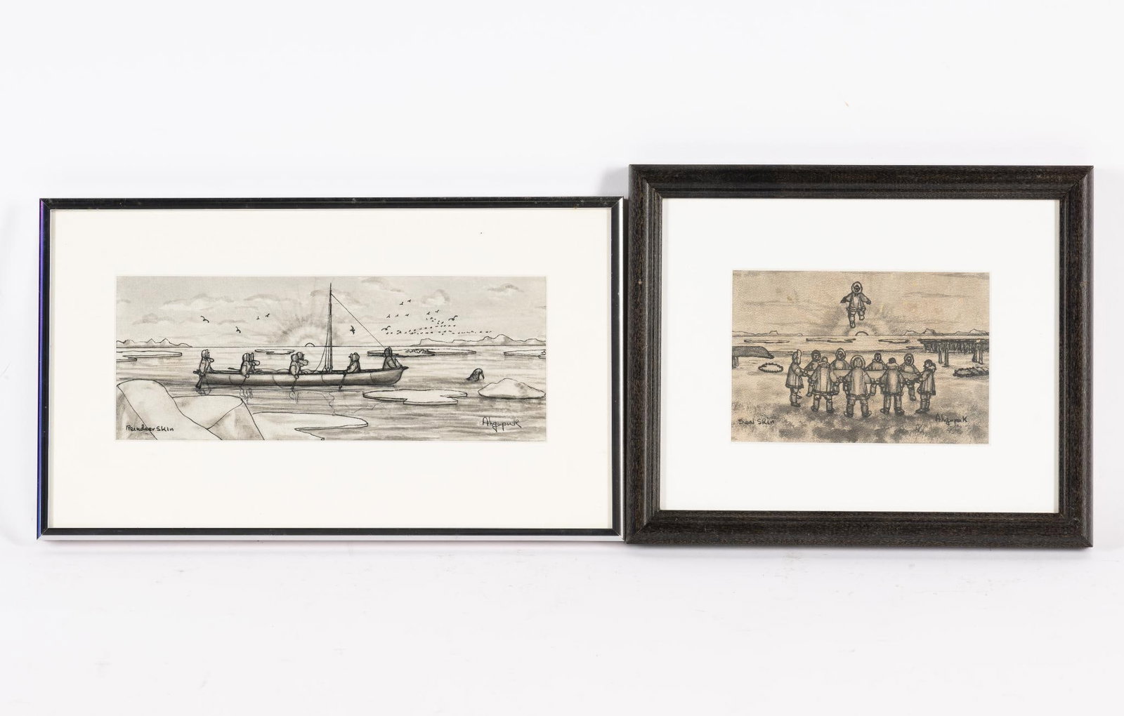 2 George Aden Ahgupuk (1911-2001) Drawings: NOT ELIGIBLE FOR IN-HOUSE SHIPPING George Aden Ahgupuk (1911-2001) was known for his work on various skins including seal and reindeer. His work usually depicts everyday Inupiaq / Eskimo life. Drawing