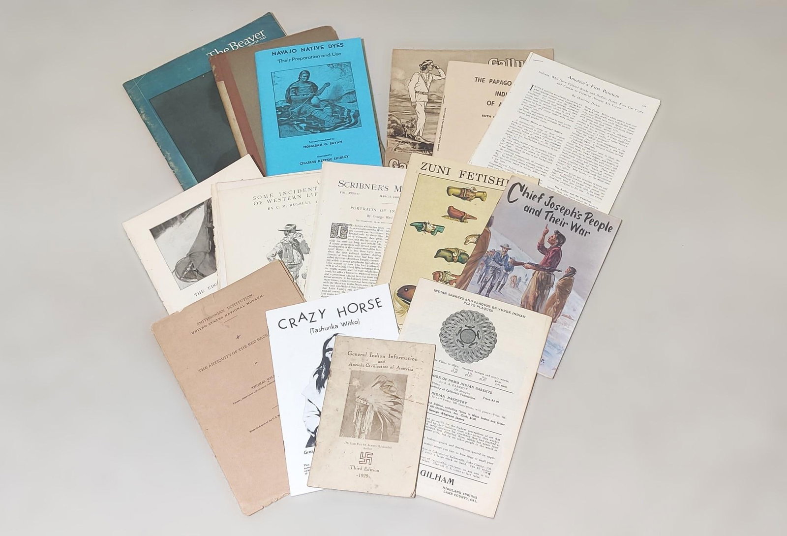 11 Native American Magazines & Publications: Includes Zuni Fetishes by: Frank Hamilton (1988); Smithsonian Institution "The Antiquity of the Red Race in America" (1897); Navajo Native Dyes by: Nonabah G. Bryan (1978); and more. Losses consistent