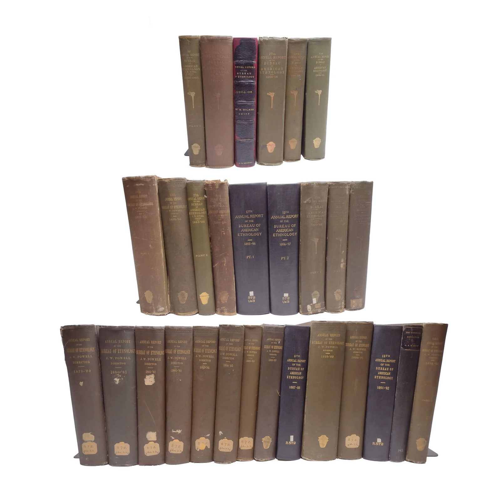 40 Bureau of American Ethnology Annual Reports: NOT AVAILABLE FOR IN-HOUSE SHIPPING. Includes 1879/90 through 1925/26. Not complete set. Includes Coronado Expedition in 1892. Losses and wear consistent with age and use. Several are ex-library copie