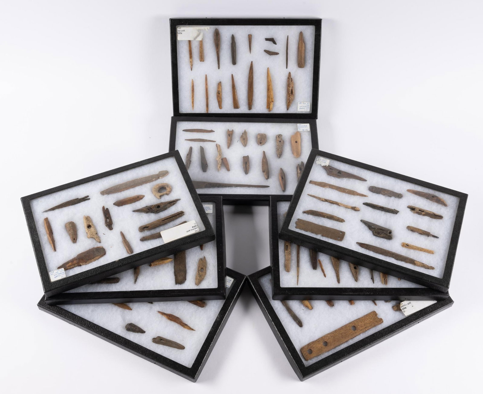 Inuit Antique Artifacts: Inuit, Eskimo carved bone artifacts including harpoon tips. Pre-Columbian. Largest 6 1/2". Overall good condition for age.