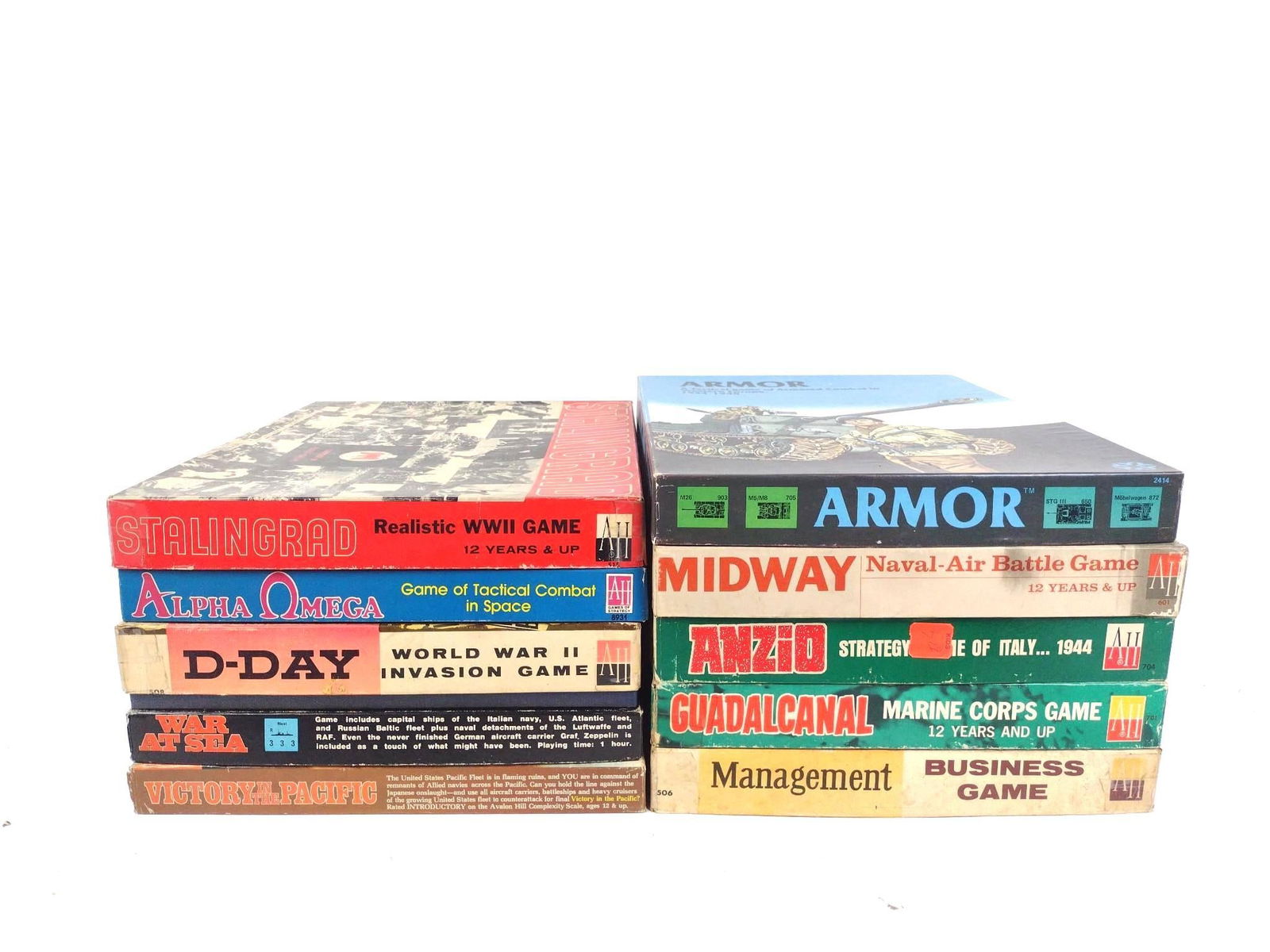 10 Vintage Games incl Tactical / Strategy Military Games: Also includes D-Day, Management the Business Game, Guadalcanal, Anzio, Midway, Armor, Victory in the Pacific, War at Sea, Alpha Omega and Starlingrad. Some wear consistent with age and use.