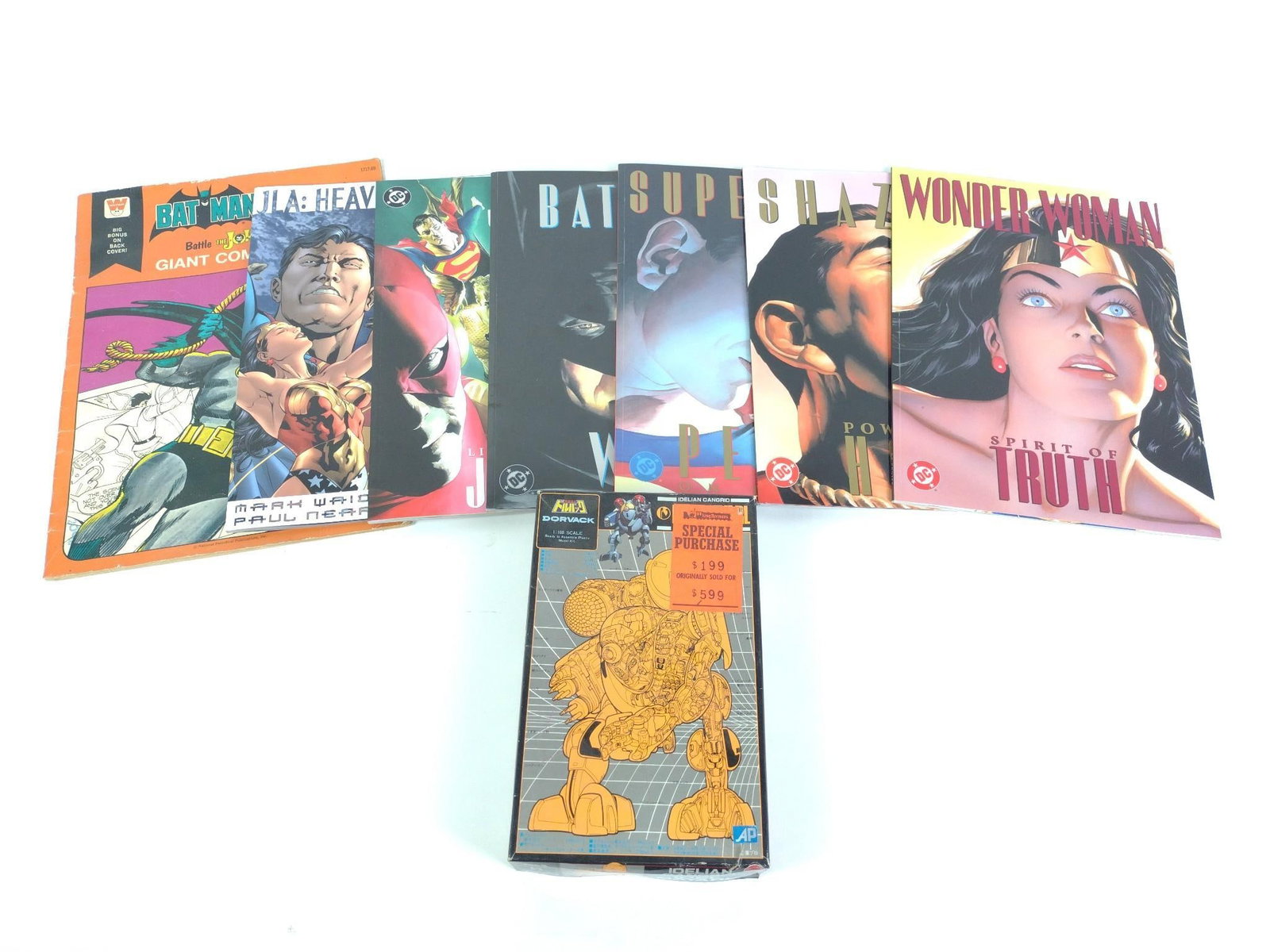 6 Oversized Illustrated Super Hero Books, Vtg. Coloring Book and Model: Includes Idealian Cangrid model with box. Coloring book is used.