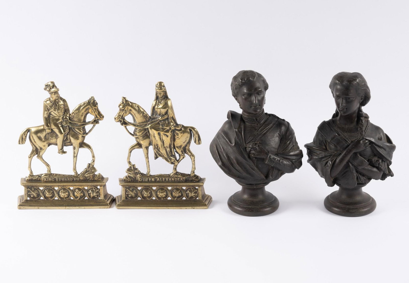 Brass and Bronze King Edward and Queen Alexandra Sculptures: Includes set of brass sculptures featuring King Edward VII and Queen Alexandra horseback. Each approximately 6-1/4" wide x 9" high. Also includes pair of bronze sculptures of King Edward VII and Queen