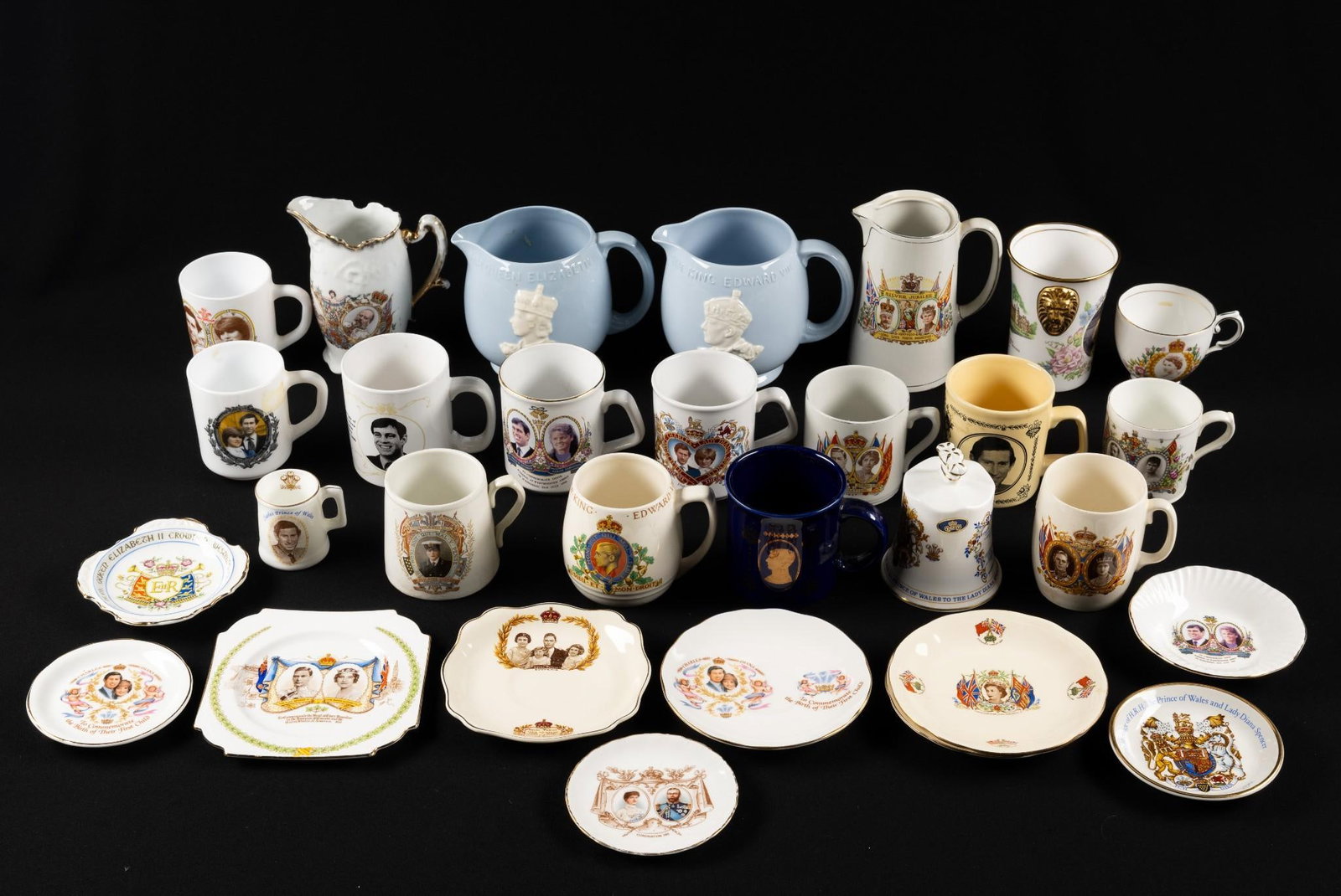 30 Royal Commemoratives incl H.M. King George VI: Also includes Queen Elizabeth, Prince Charles, and more. 1/2" to 6" high. Creamer without lid.