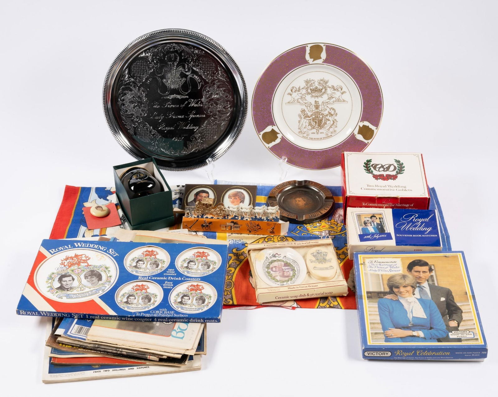 Royal Commemoratives incl Ephemera & Serving: Includes matches, coasters, puzzle, magazines, and more. Tray 12" wide.