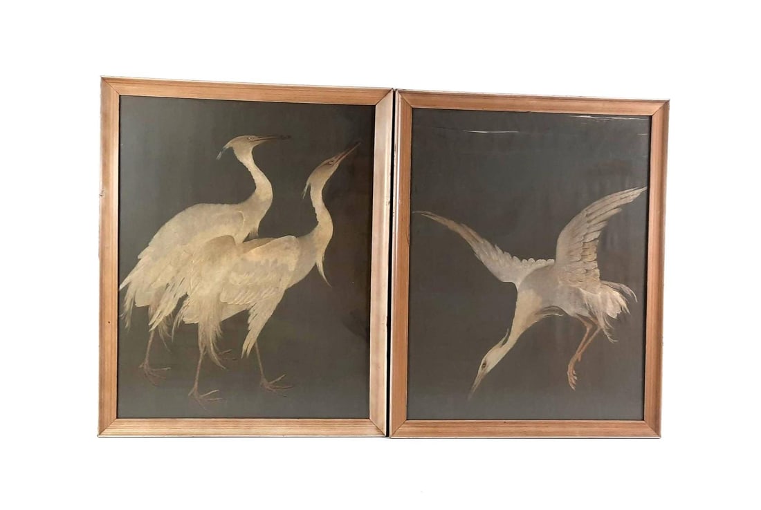 2 Heron Embroideries on Silk: NOT ELIGIBLE FOR IN-HOUSE SHIPPING. Sight: Each 28" high x 21-3/4" wide. Overall with frame: 31" high x 24-3/4" wide. Both with some tears and losses.