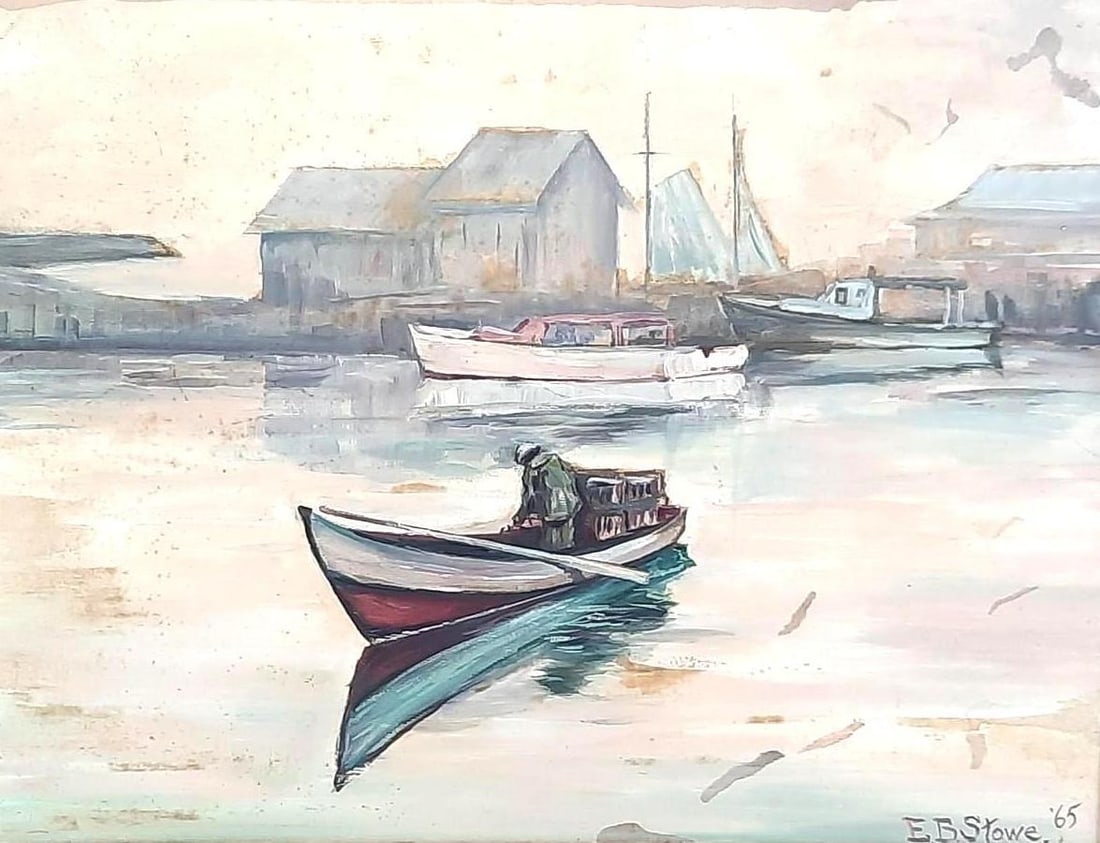 E.B. Stowe Fishing Boats Painting: NOT ELIGIBLE FOR IN-HOUSE SHIPPING. Edmund Bruce (E.B.) Stowe (1895 - 1995) was active/lived in Florida. Edmund Stowe is known for Landscape painting. Dated " '65 " at lower right. Sight: 13-1/4" high