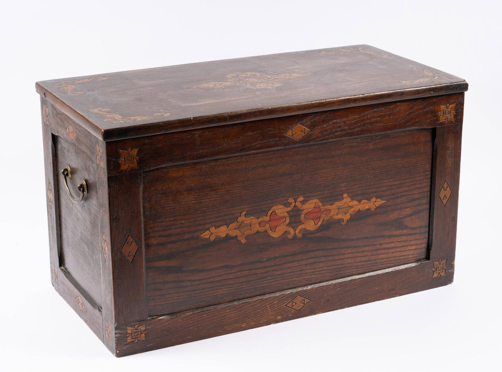 Inlaid Wood Chest: NOT ELIGIBLE FOR IN-HOUSE SHIPPING. 24-1/2" wide x 12" deep x 14" high. Minor wear consistent with age and use.