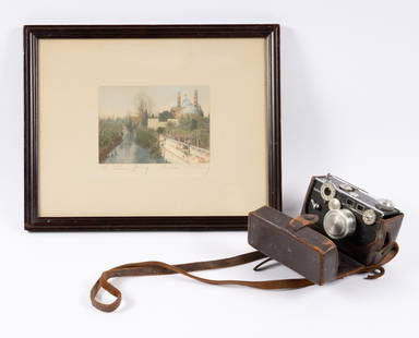 Wallace Nutting Print and Weston Camera w/ Case: Print: sight: 4-1/2" high x 6-1/2" wide. Overall with frame: 12-1/4" high x 15-1/4" wide. Both with wear consistent with age and use.